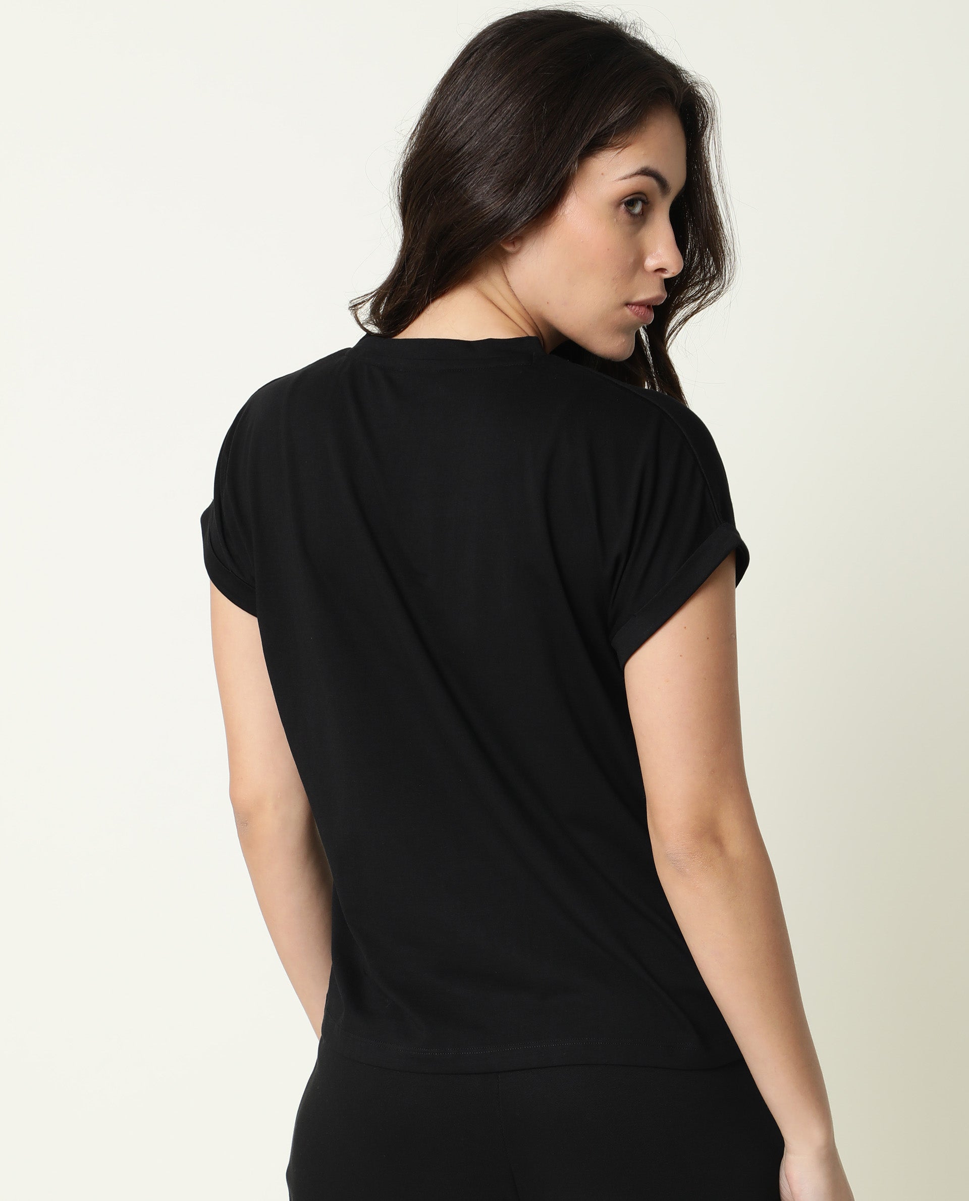 Rareism Womens Mild Black T-Shirt Cotton Fabric Regular Fit Extended Sleeves Crew Neck