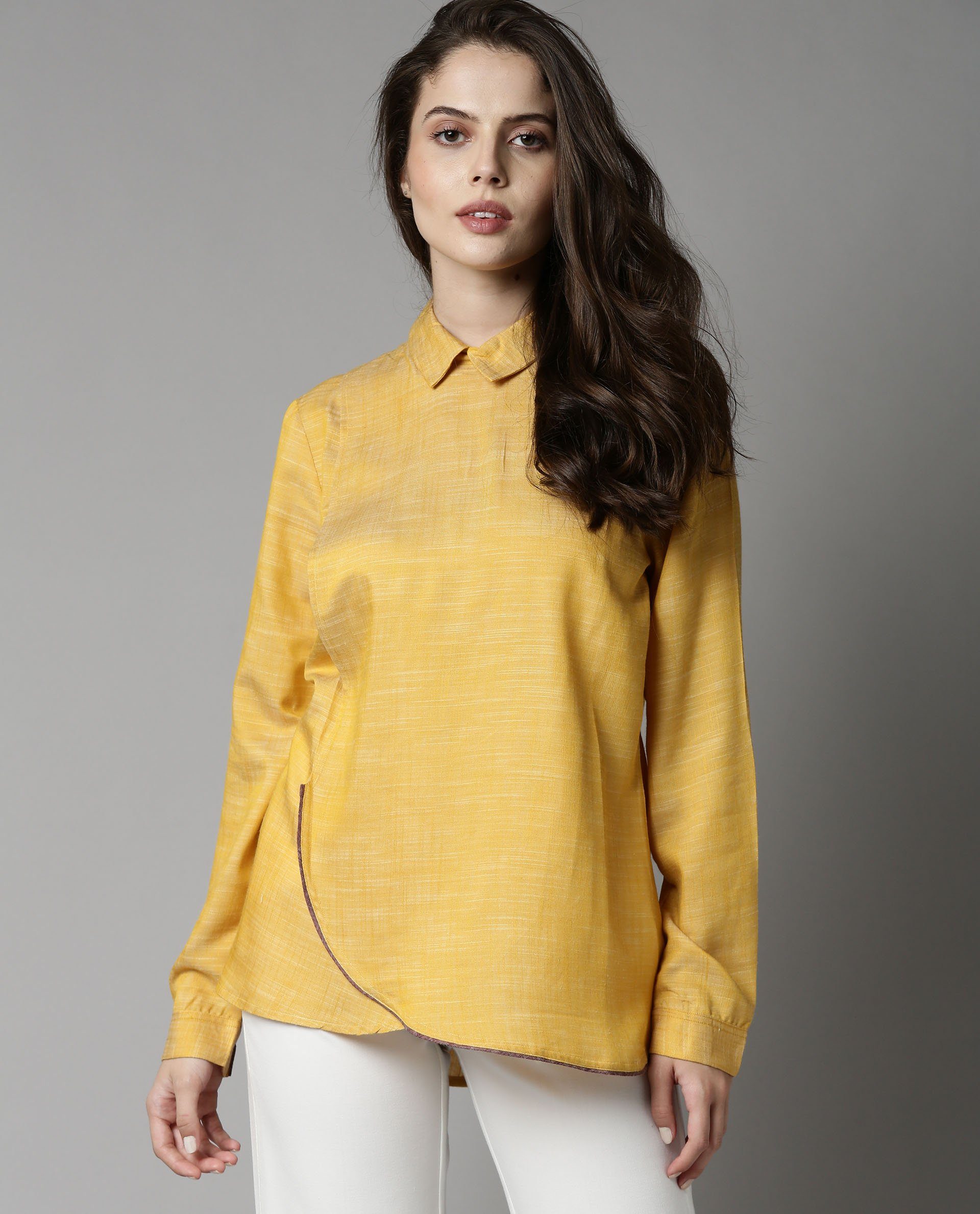Rareism Womens Kara Yellow Top Polycotton Fabric Full Sleeves Collar Neck