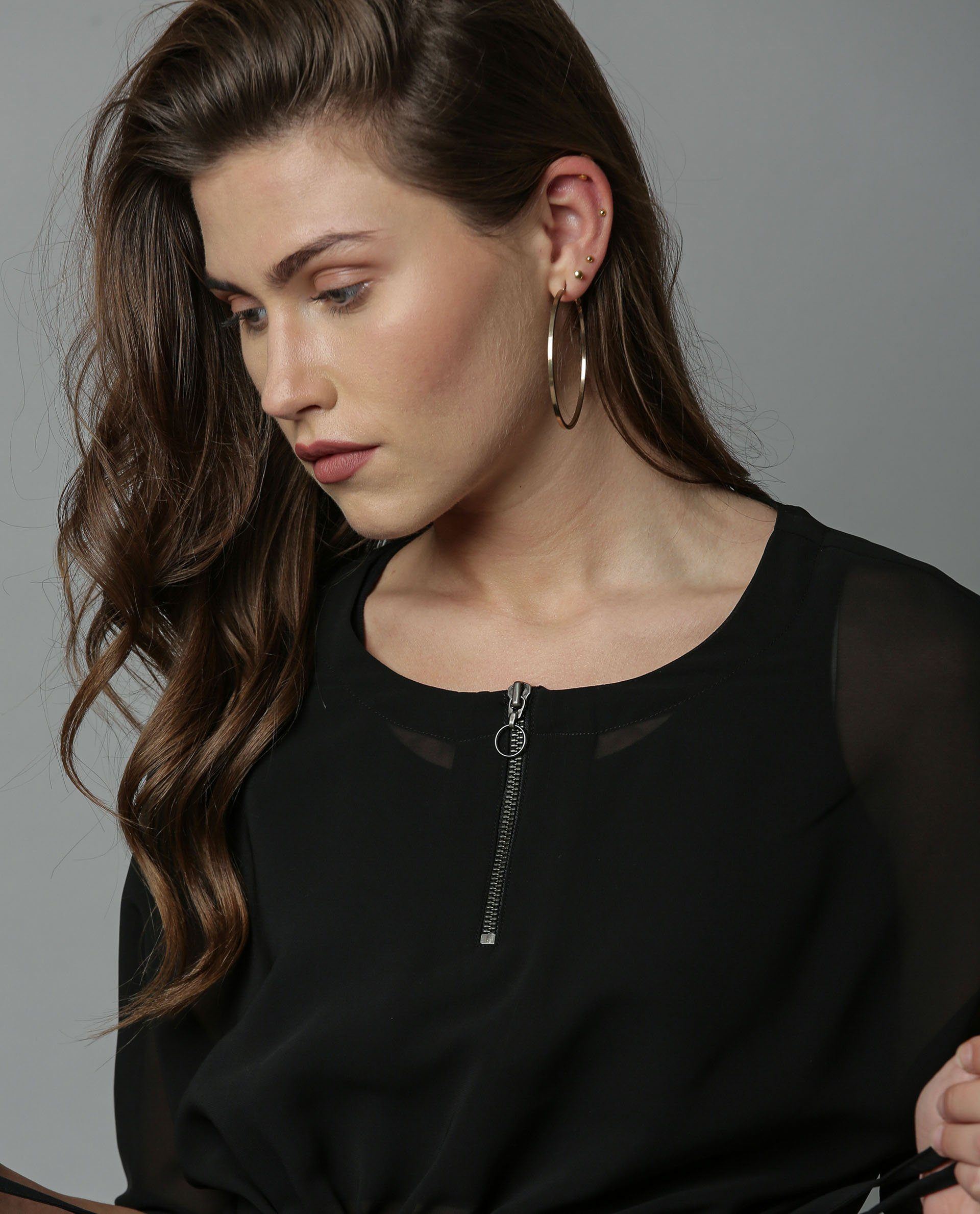 Rareism Women Filp Black Top Short Sleeves Solid