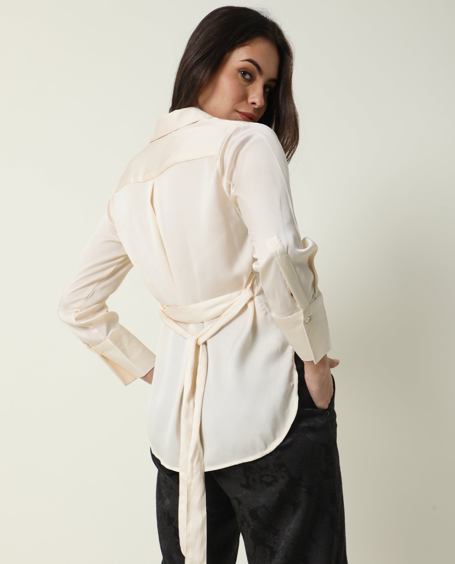 Rareism Women Wandy White Polyester Fabric Cuffed Sleeve Collared Neck Solid Shirt