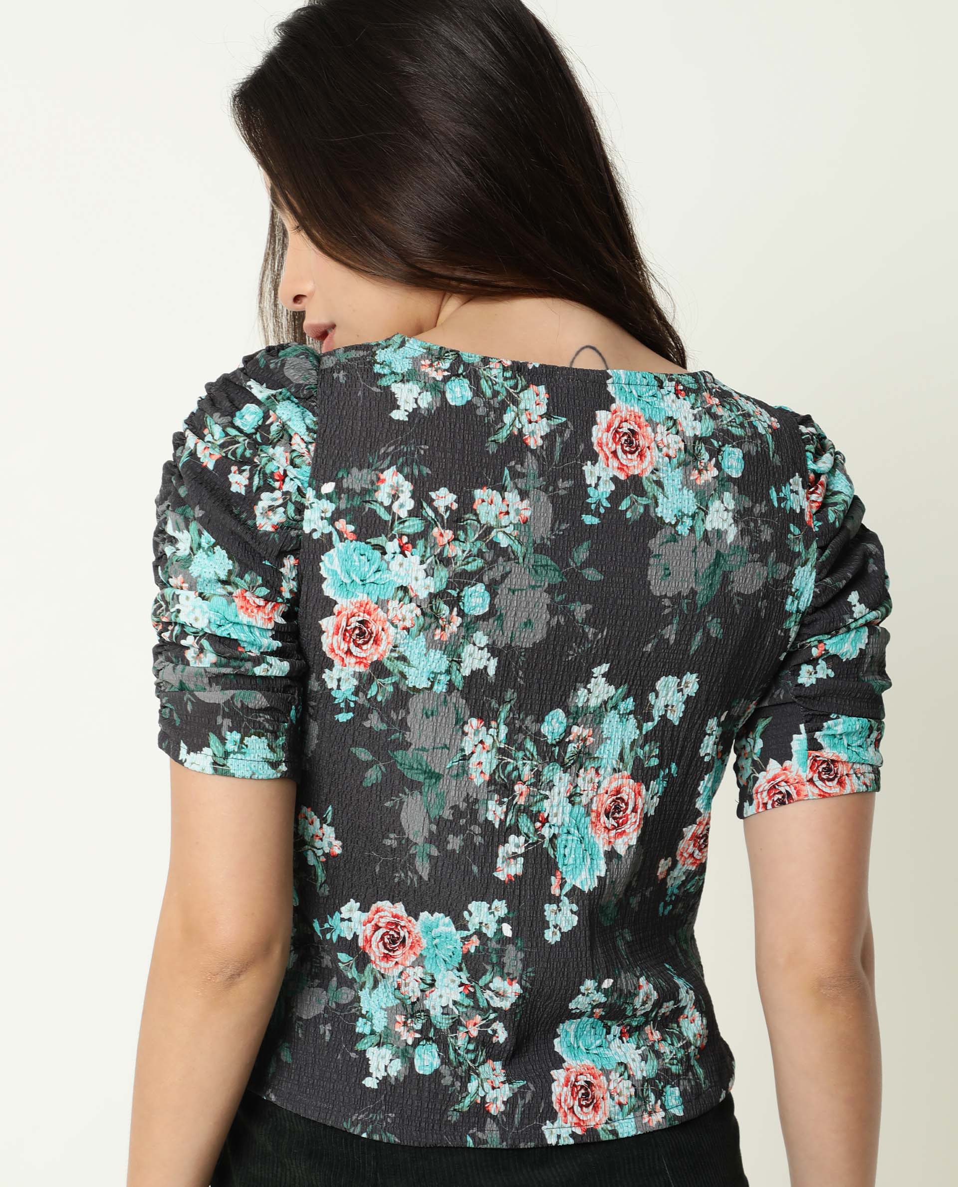 Rareism Women's Flake Grey Boat Neck Floral Print Knee Length Tailored Top