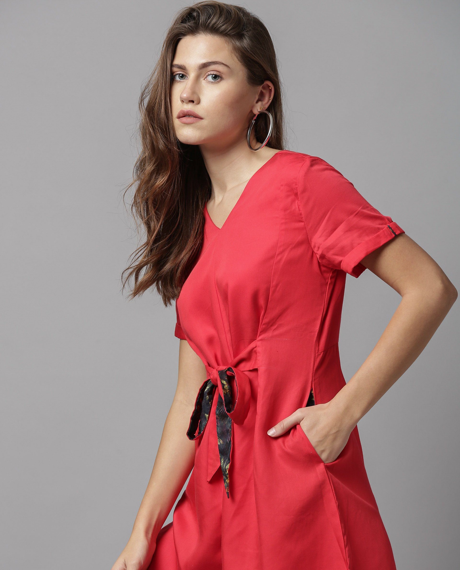 Rareism Women Apt Red Jumpsuit Short Sleeves