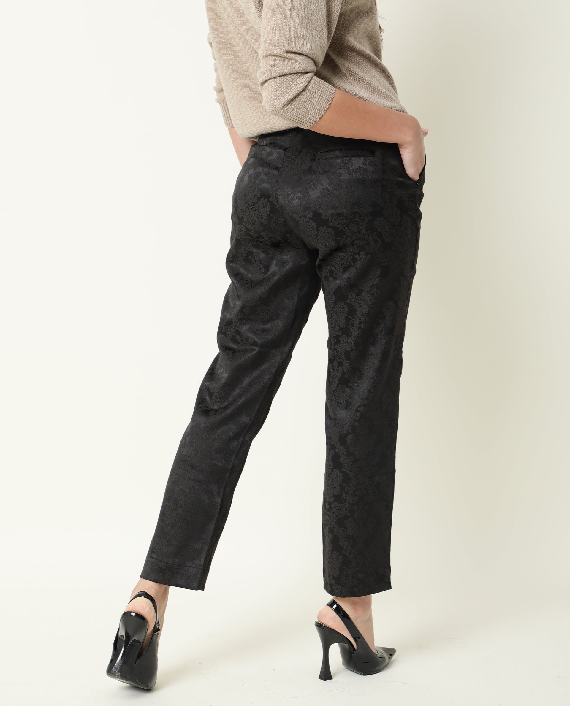 Rareism Women Nestea Black Velvet Tailored Fit High Rise Floral Print Ankle Length Trousers