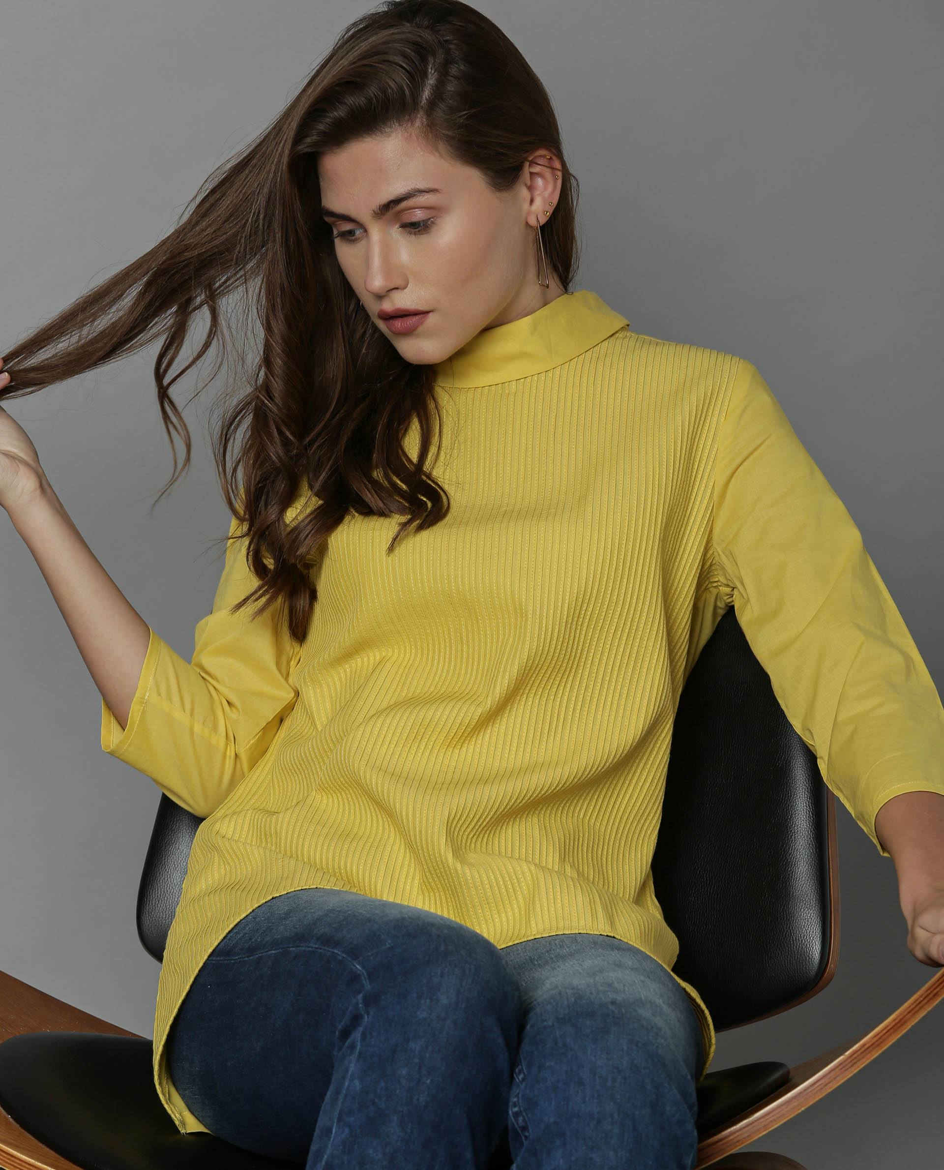 Rareism Women Pins-1 Yellow Top Short Sleeves