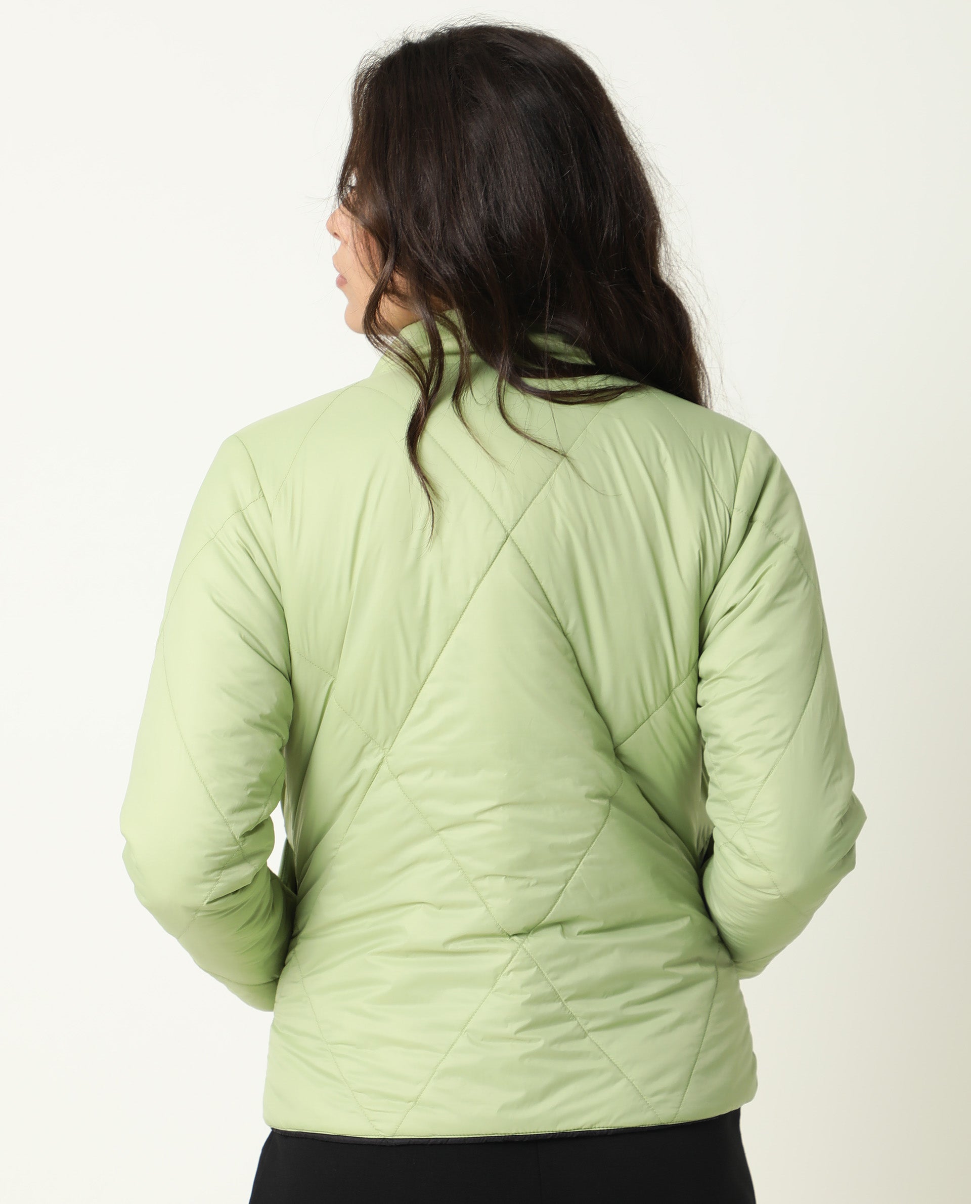 Rareism Women Cora Black Polyester Fabric Full Sleeves Solid High Neck Jacket