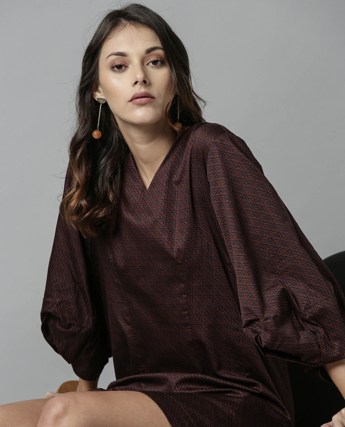 Rareism Women Drag Brown Dress Full Sleeves Printed