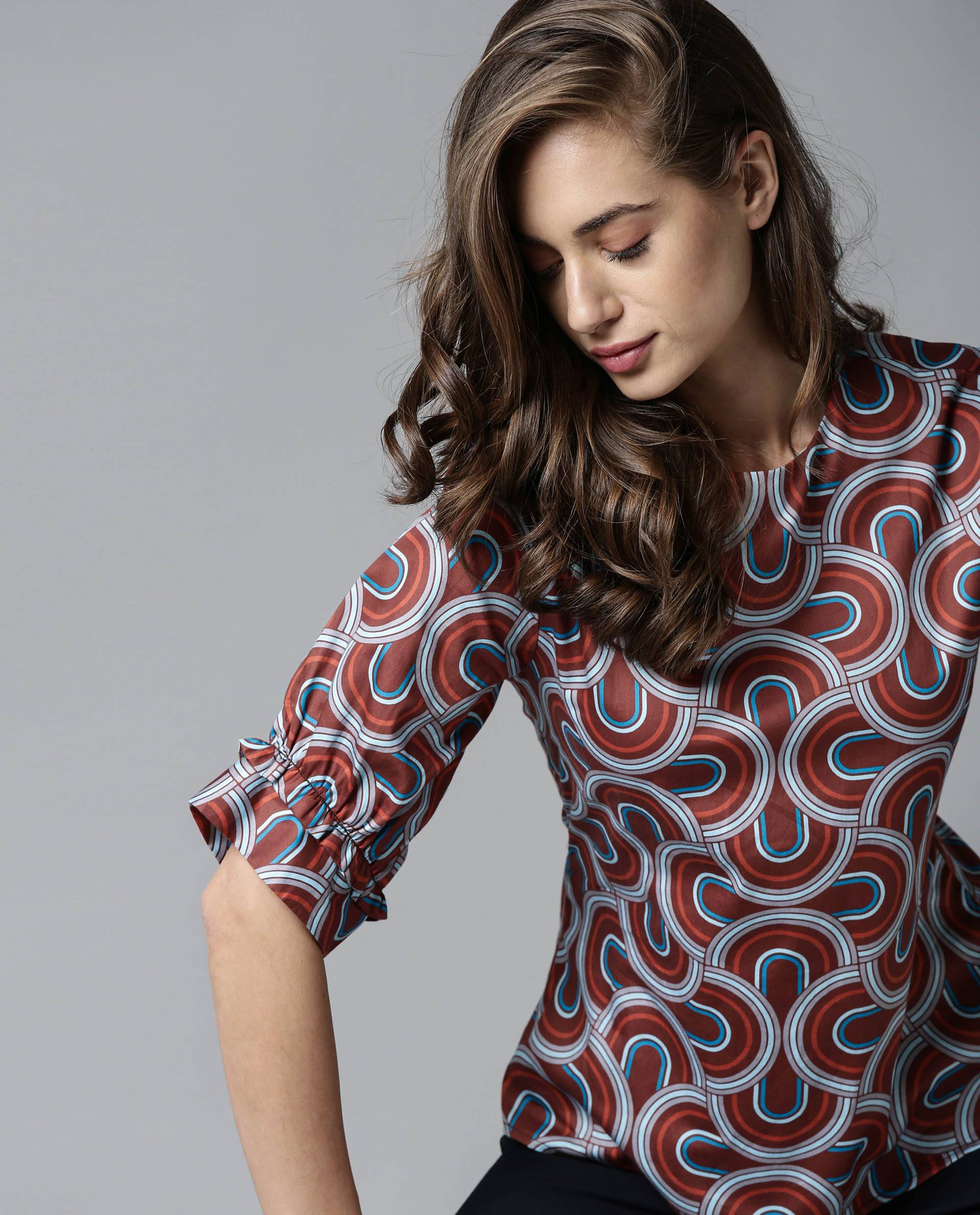 Rareism Women's Jimmi Brown Cotton Crew Neck Geometric Print Regular Fit Top
