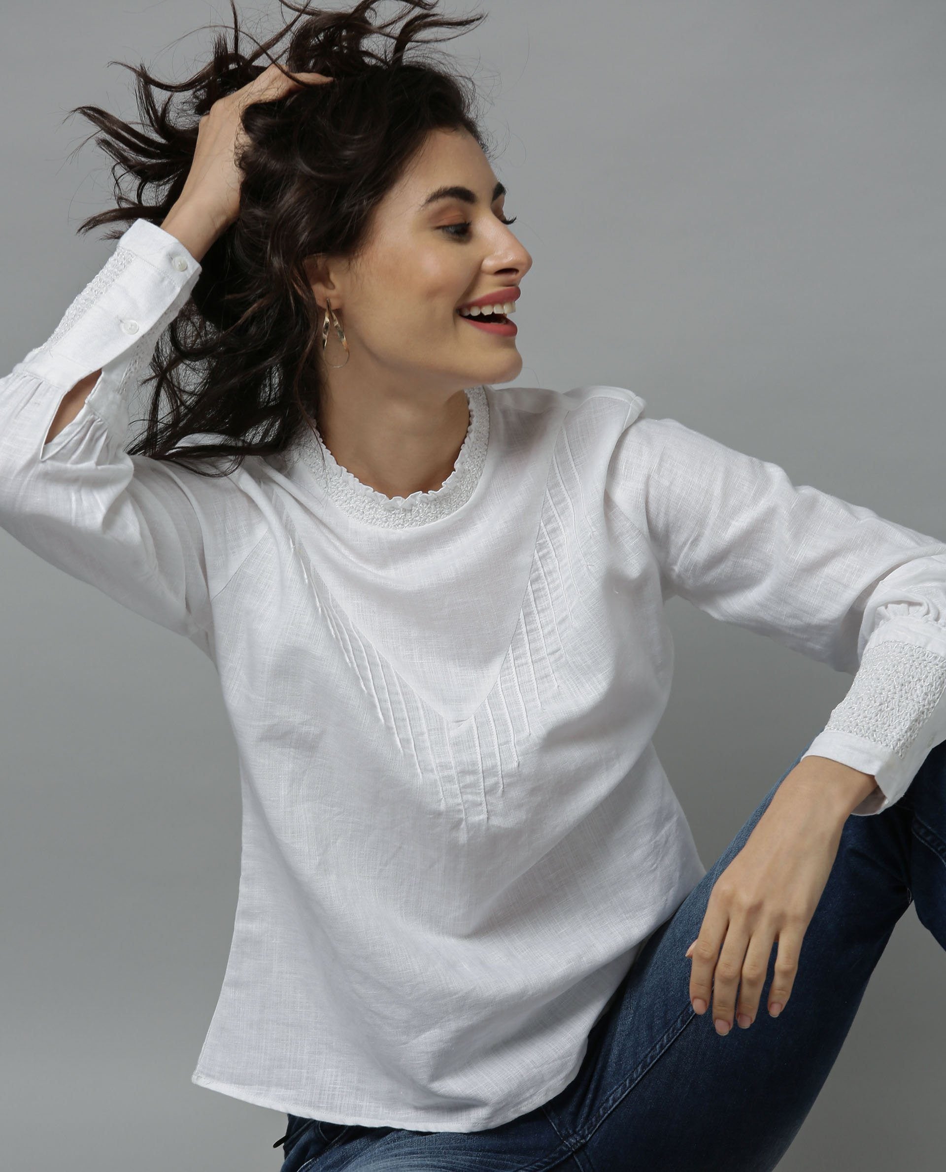 Rareism Women Dandellion White Top Full Sleeves
