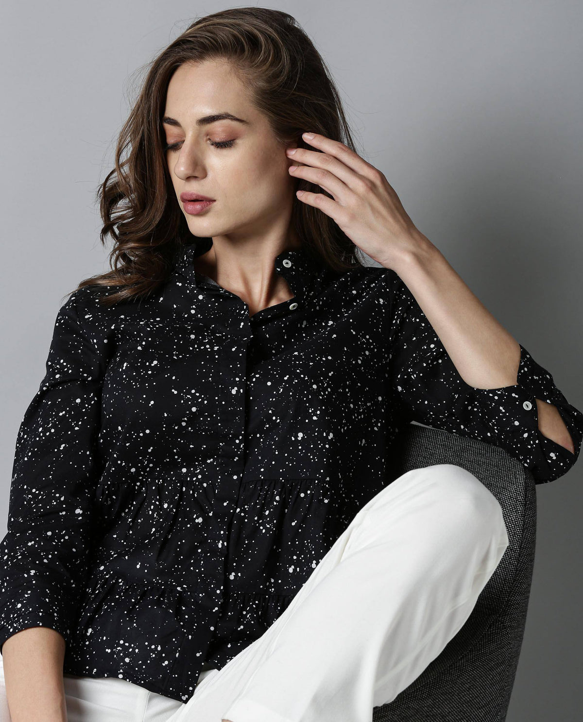 Rareism Women Ola Black Top Full Sleeves Printed