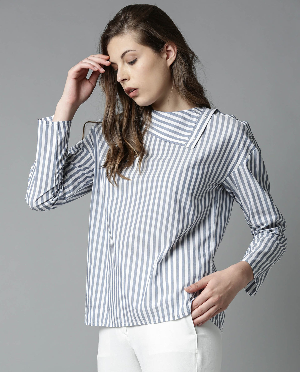 Rareism Women Elios Navy Top Full Sleeves Stripe