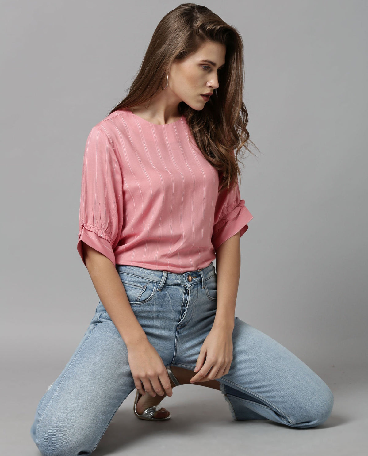 Rareism Women Mend Pink Top Short Sleeves Stripe