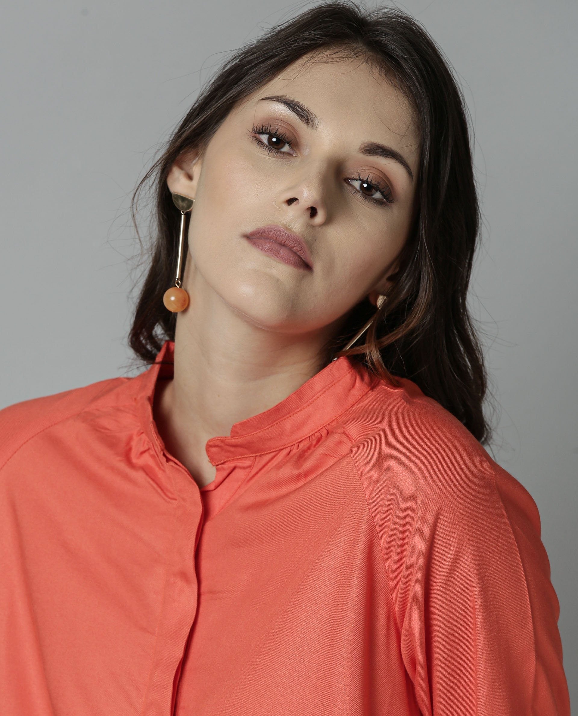 Rareism Women Salt Orange Dress Full Sleeves Solid