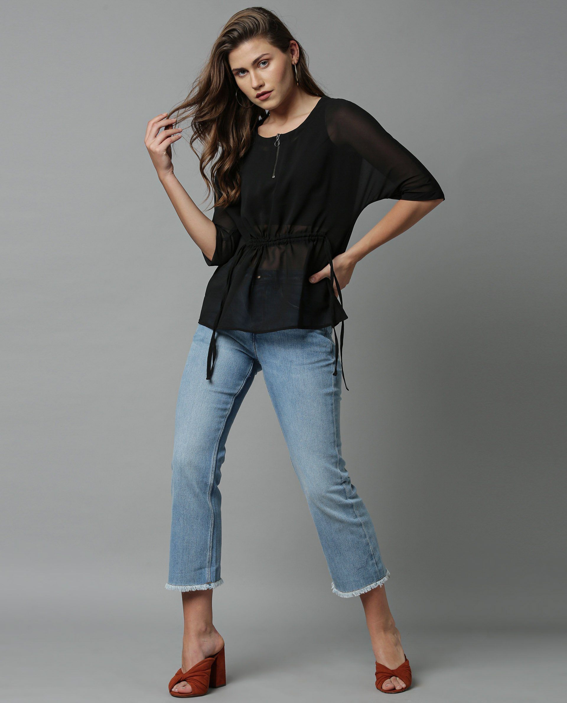 Rareism Women Filp Black Top Short Sleeves Solid