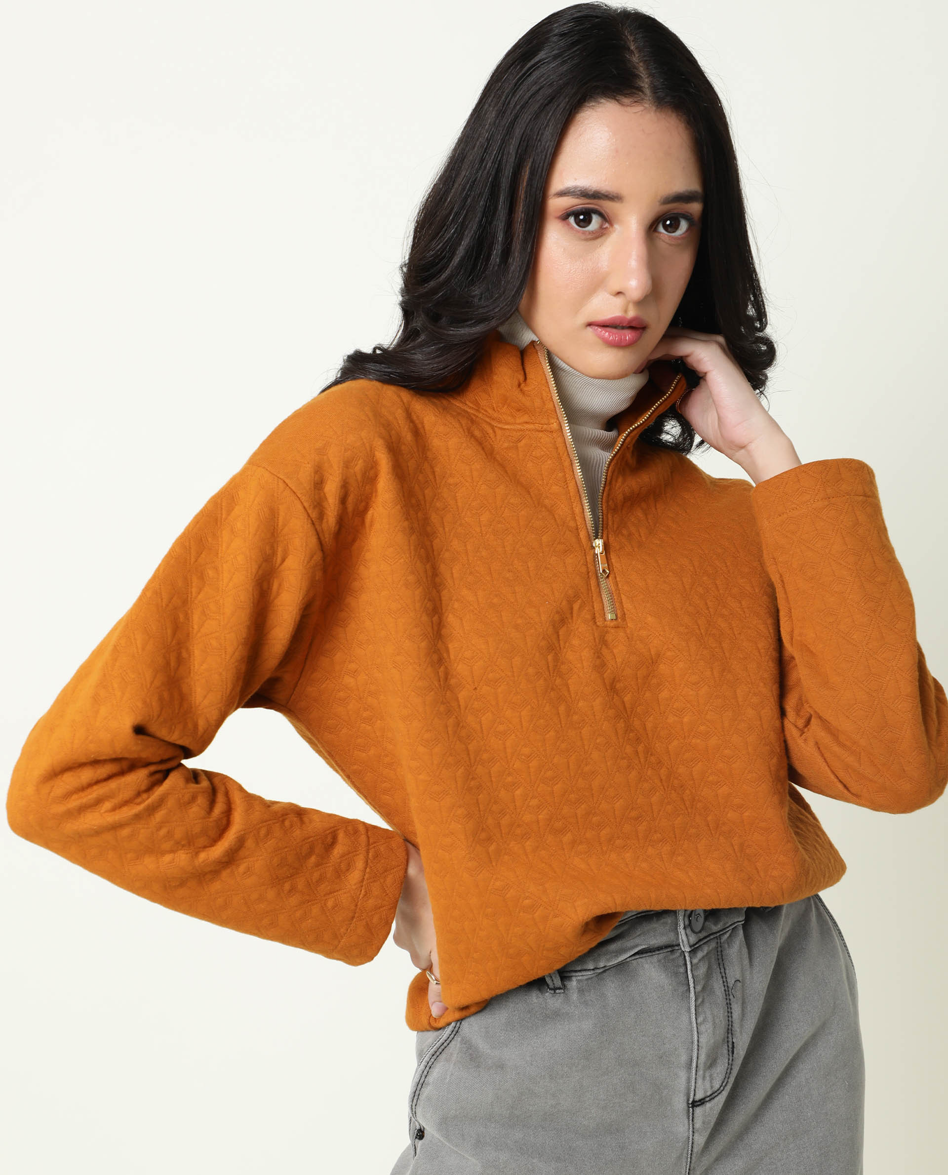 Rareism Women Bozo Dark Rust Regular Fit Full Sleeves Textured High Neck Sweatshirt