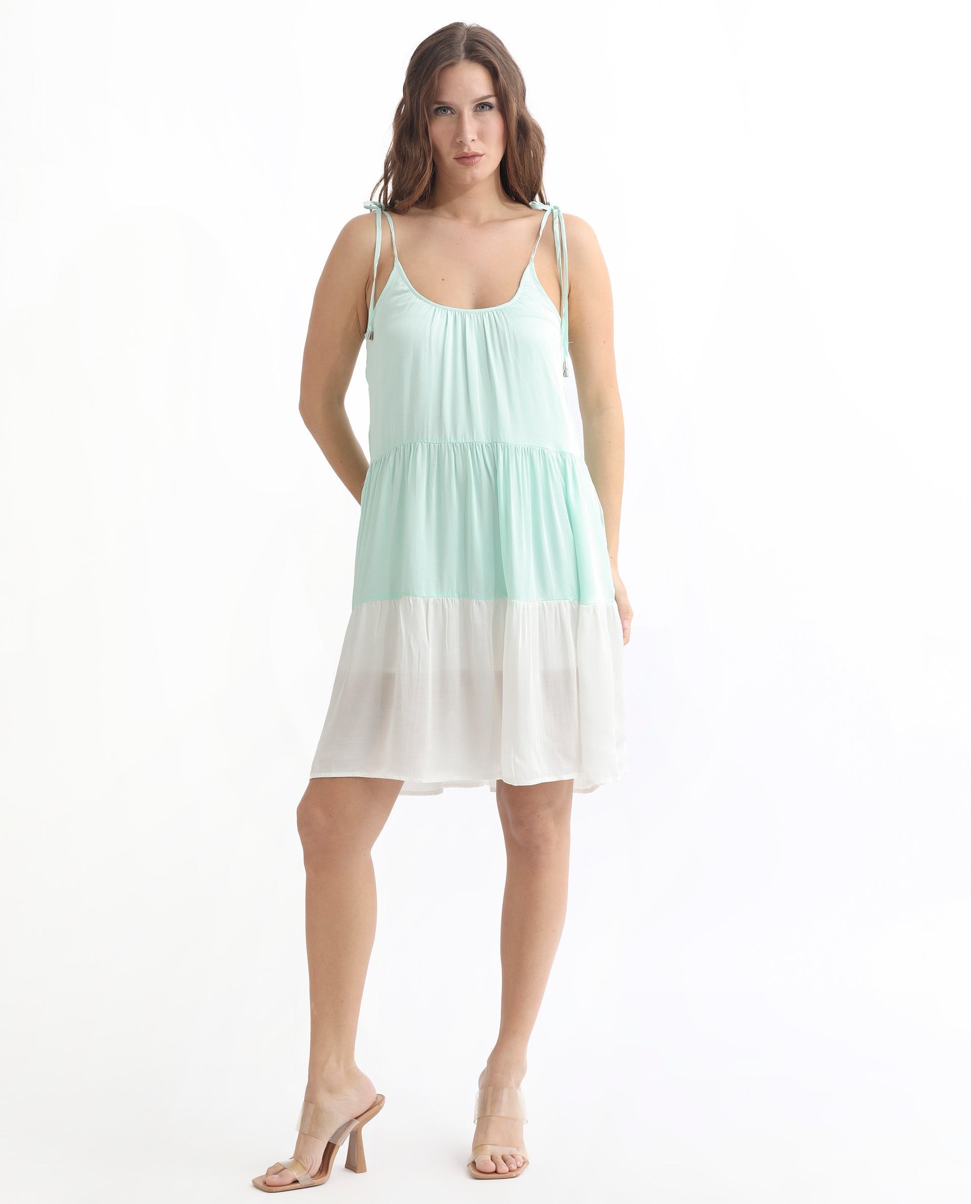 Rareism Women's Aldo Green Modal Blend Tie-Up Neck Color Block Shoulder Strap Knee Length Flared Dress