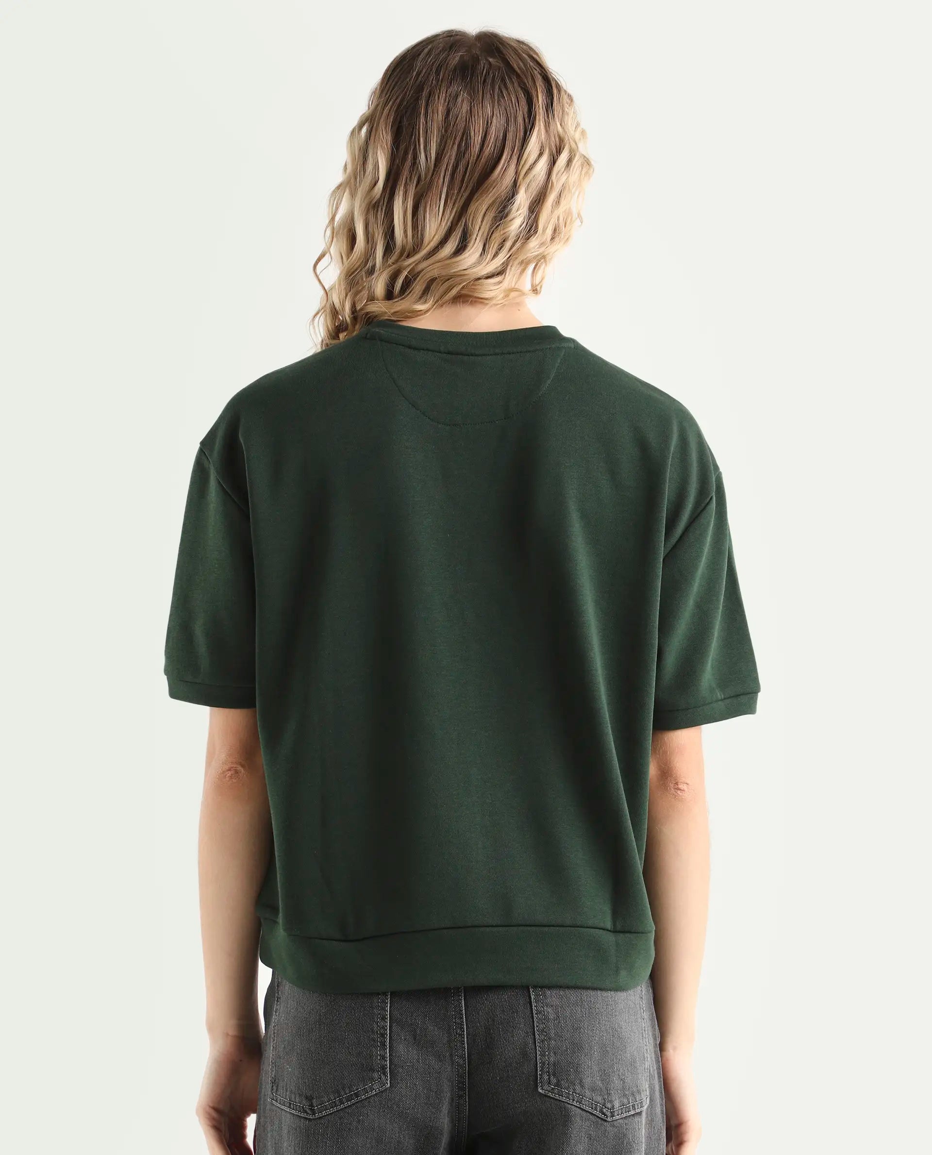 Rareism Women's Medium Weight Terry 290 Gsm Cotton Crew Neck Plain Relaxed Fit Sweat Tee