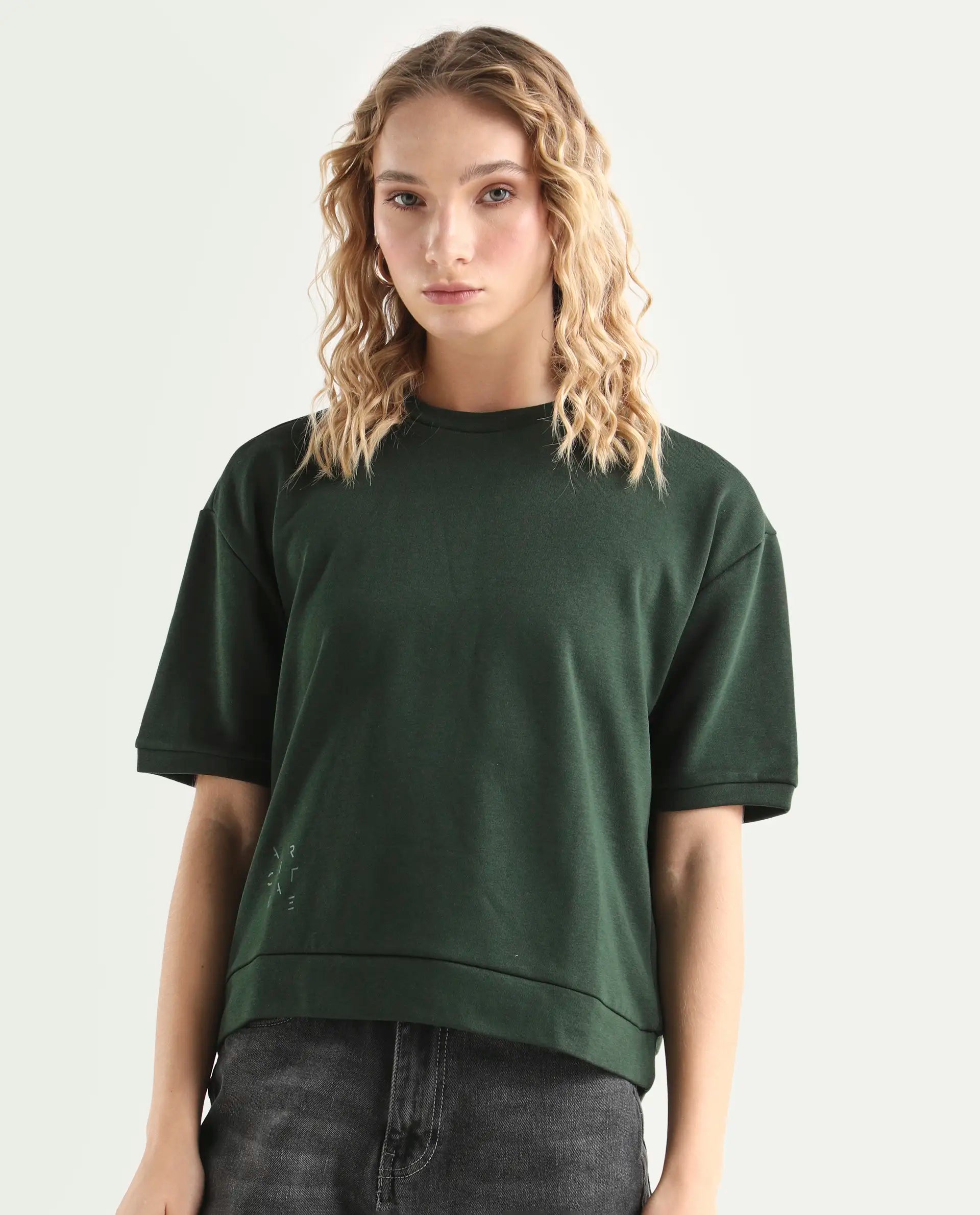 Rareism Women's Medium Weight Terry 290 Gsm Cotton Crew Neck Plain Relaxed Fit Sweat Tee