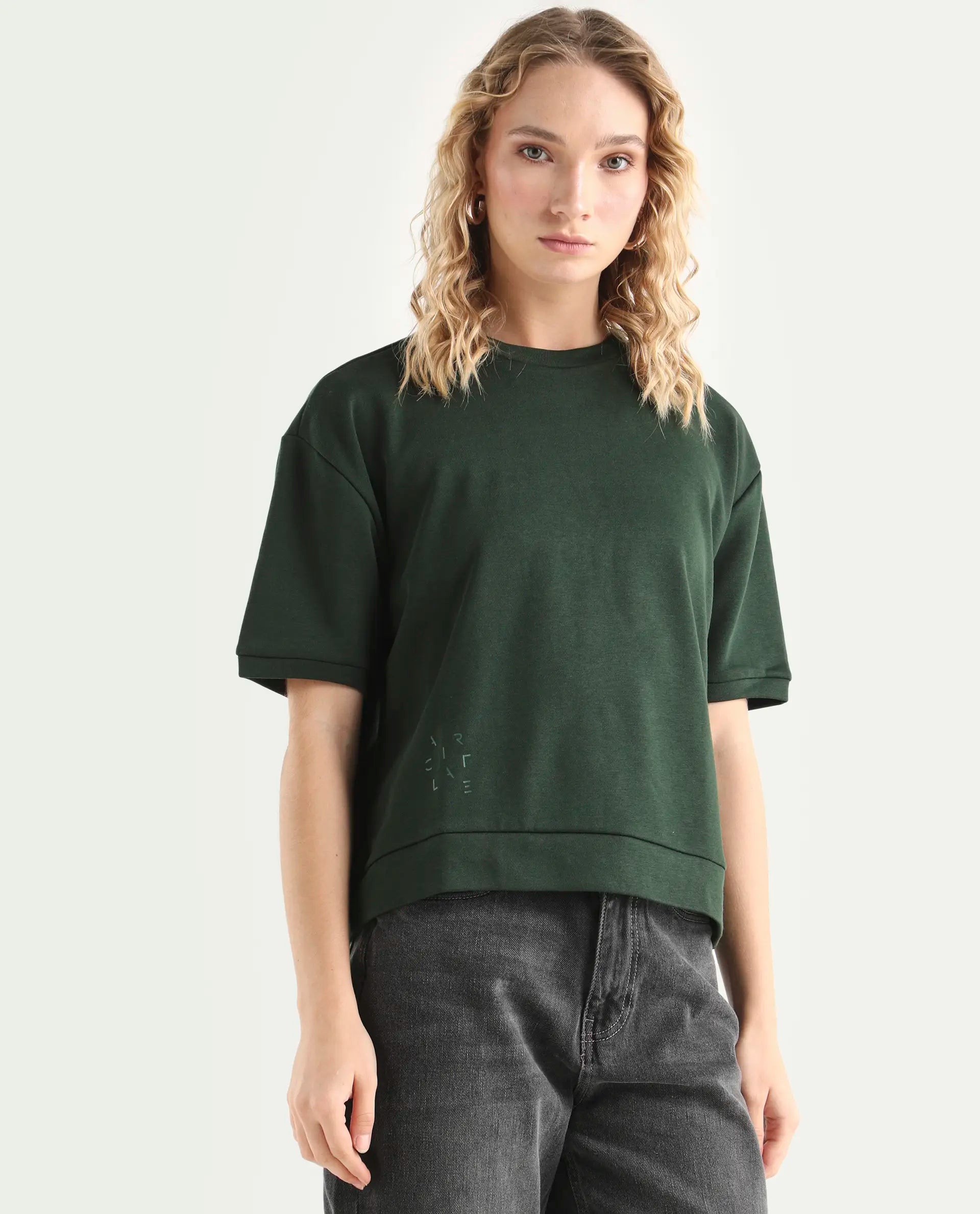 Rareism Women's Medium Weight Terry 290 Gsm Cotton Crew Neck Plain Relaxed Fit Sweat Tee