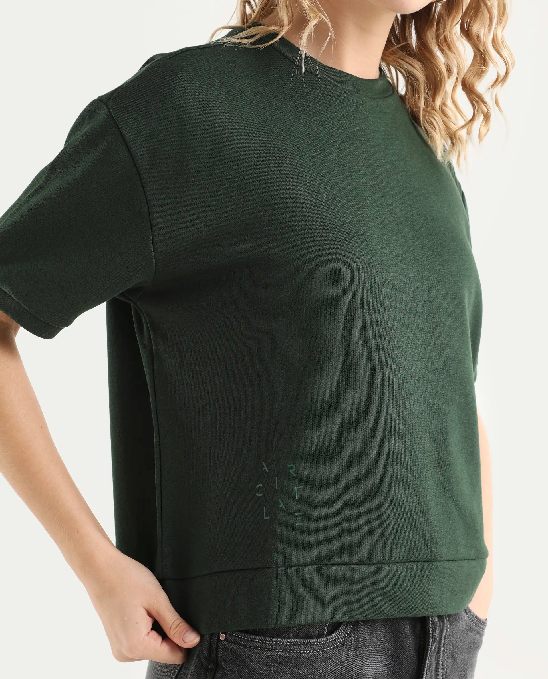 Rareism Women's Medium Weight Terry 290 Gsm Cotton Crew Neck Plain Relaxed Fit Sweat Tee
