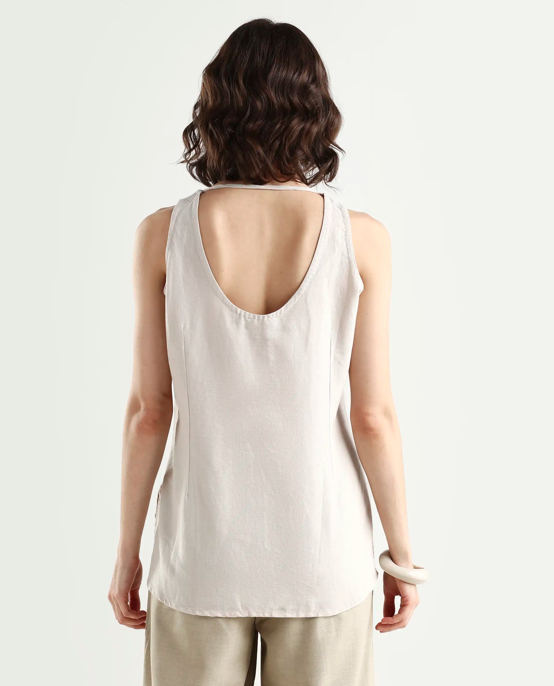 Rareism Women's Unite L Grey Crew Neck Plain Sleeveless Knee Length Regular Fit Top