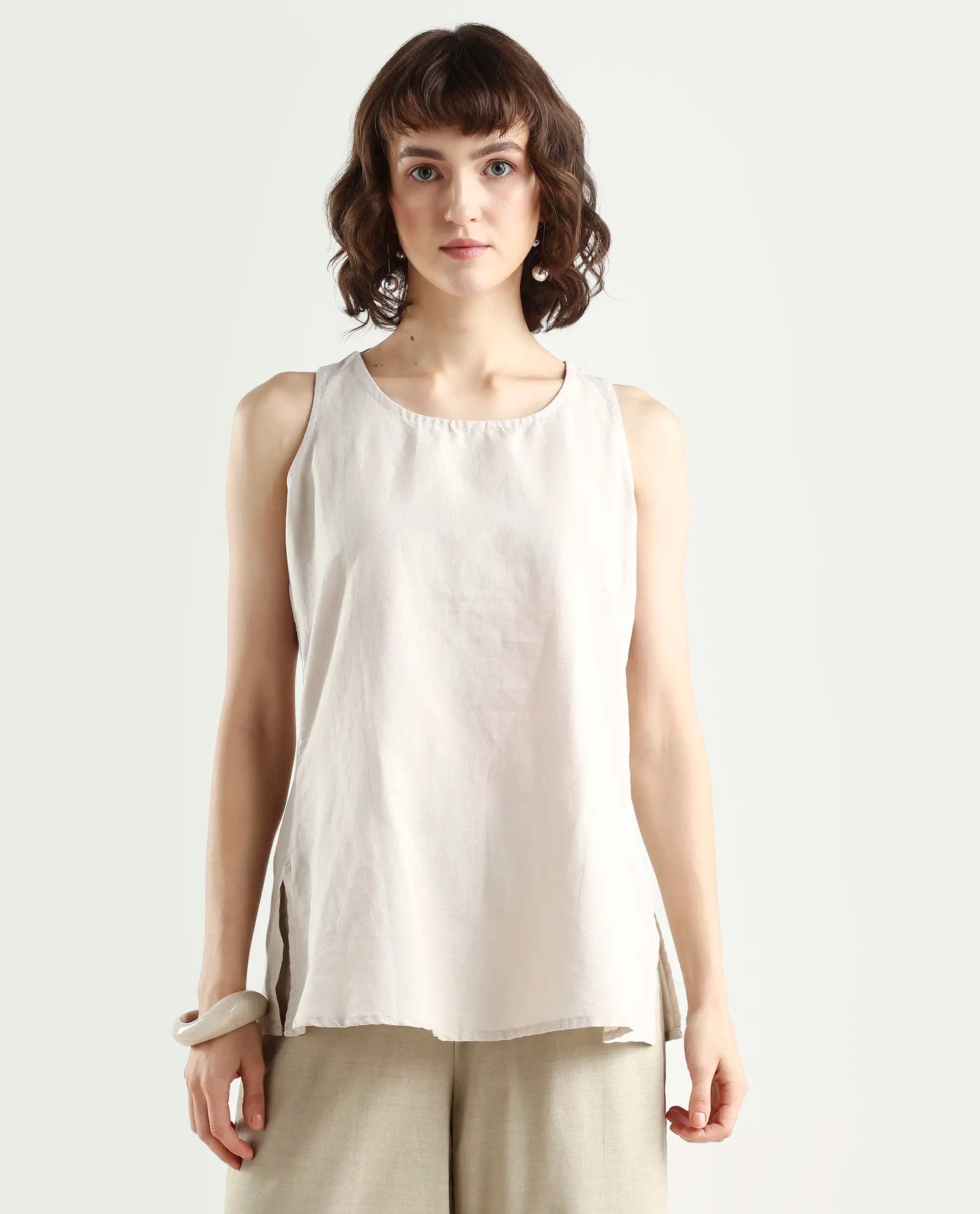 Rareism Women's Unite L Grey Crew Neck Plain Sleeveless Knee Length Regular Fit Top