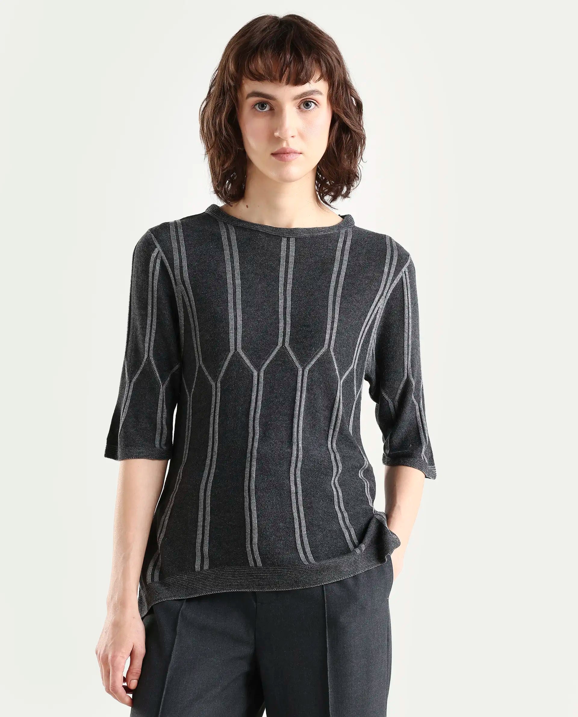 Rareism Women Orate Black Top Short Sleeves