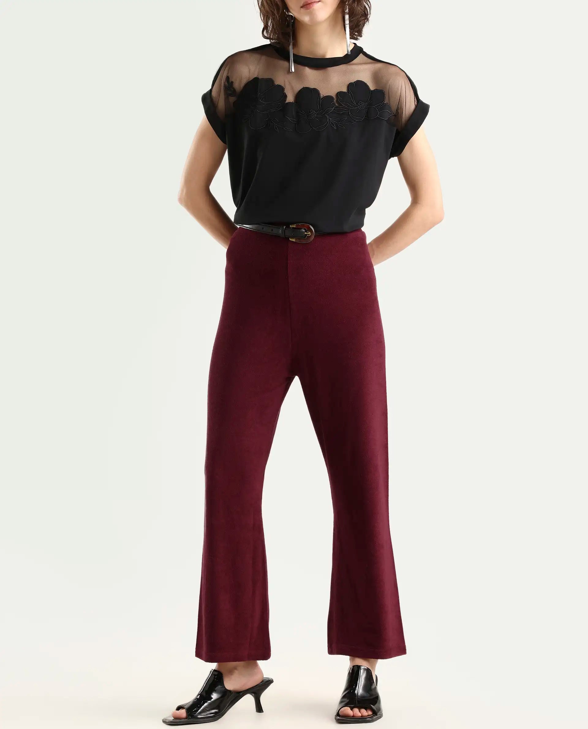 Rareism Women Magica Maroon Trousers Knit Fabric Solid