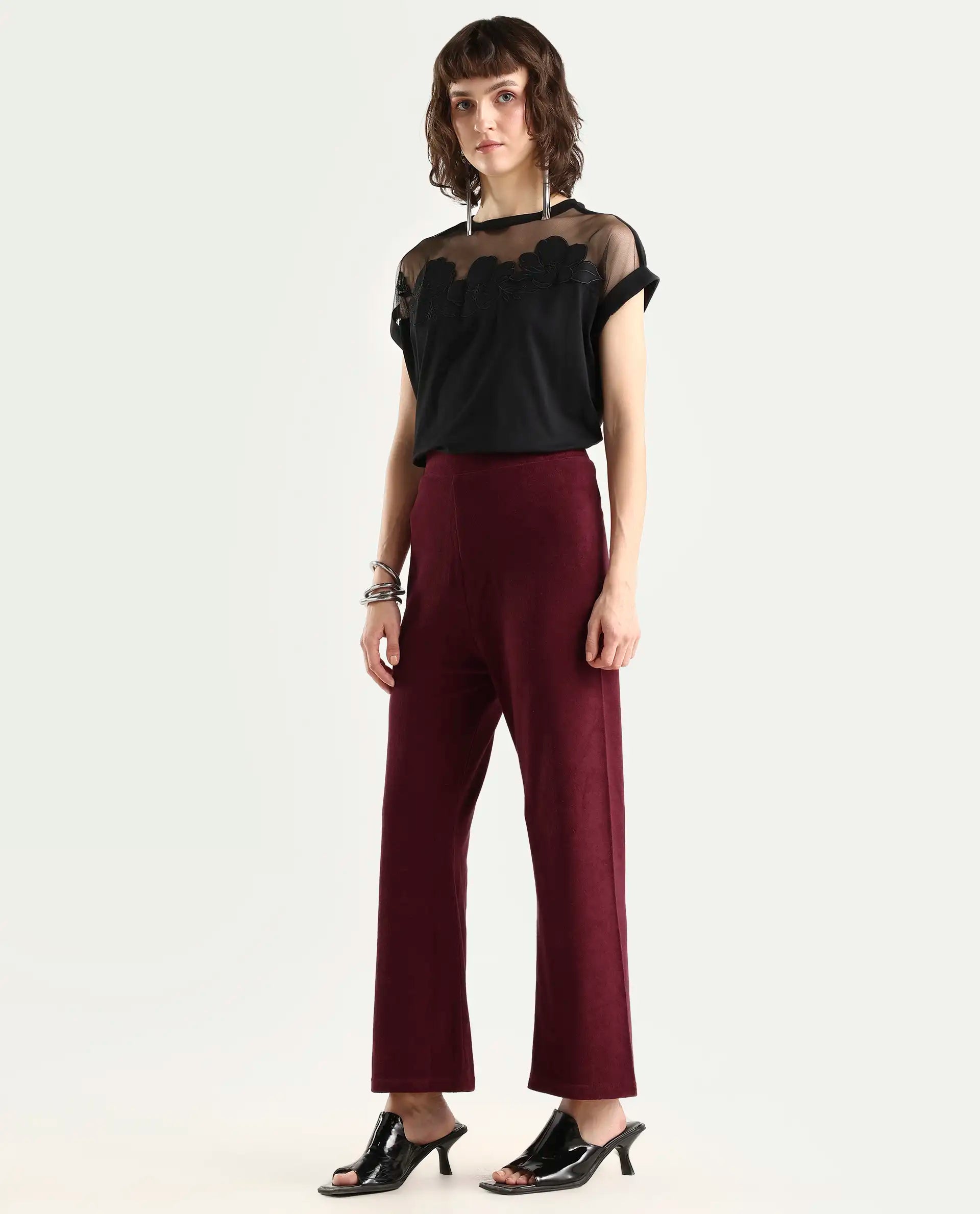 Rareism Women Magica Maroon Trousers Knit Fabric Solid