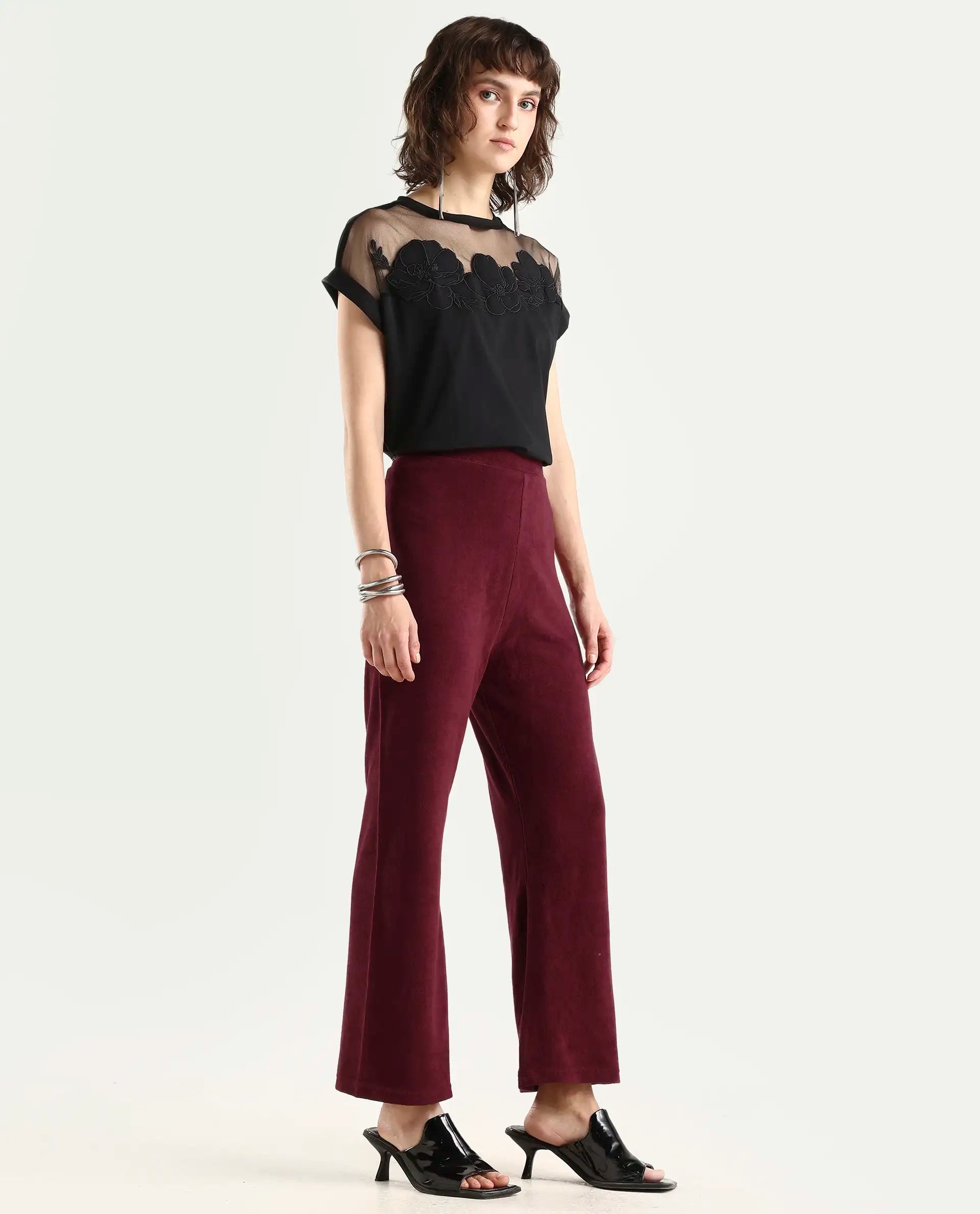 Rareism Women Magica Maroon Trousers Knit Fabric Solid