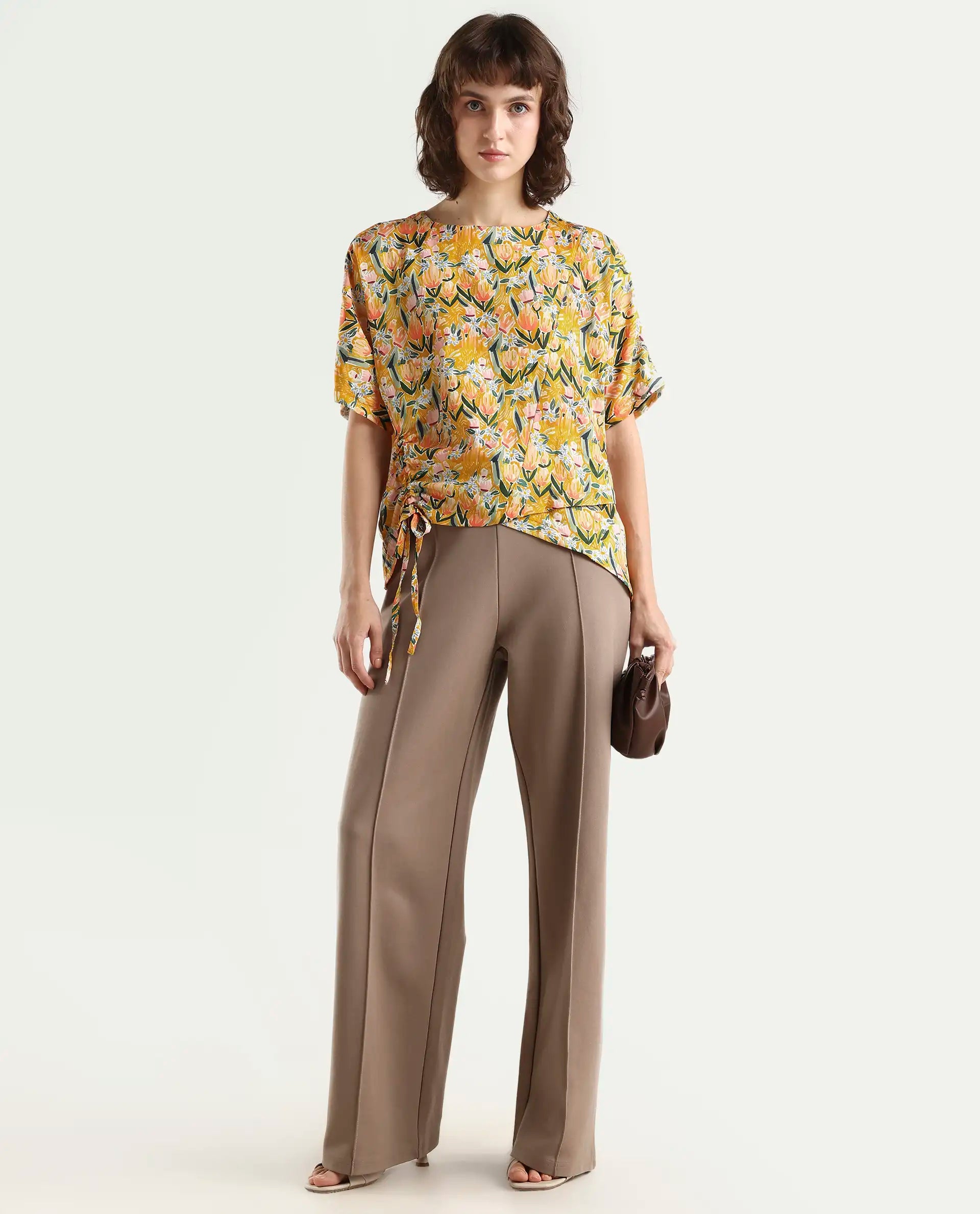 Rareism Women Pai Yellow Top Short Sleeves Printed