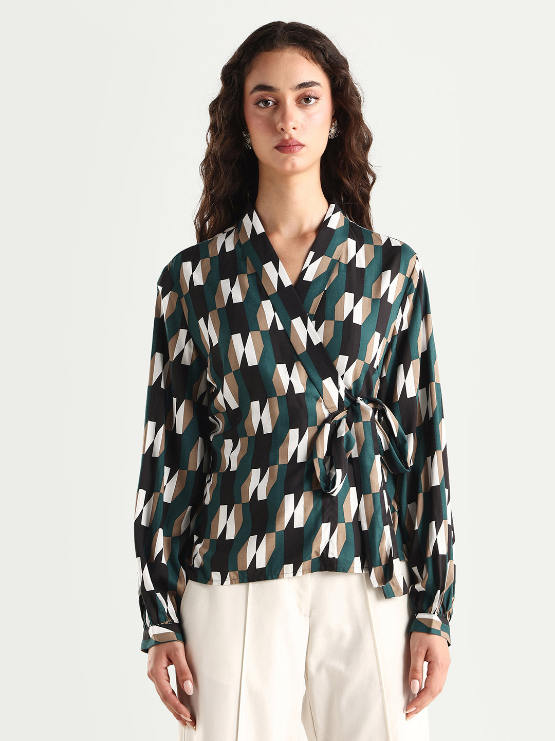 Rareism Women's Tom Black Viscose V-Neck Checked Bishop Sleeve Crop Tailored Top