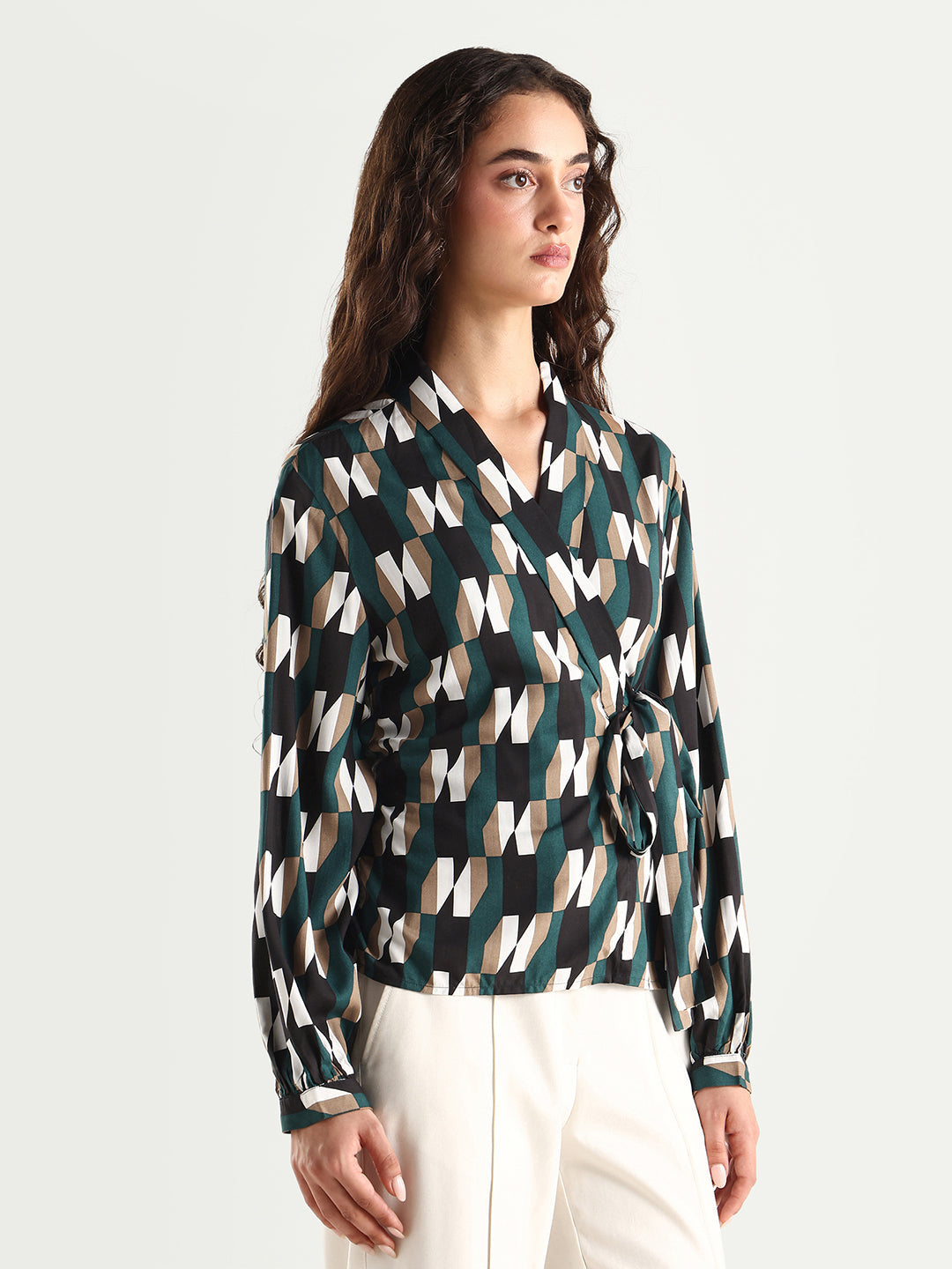 Rareism Women's Tom Black Viscose V-Neck Checked Bishop Sleeve Crop Tailored Top
