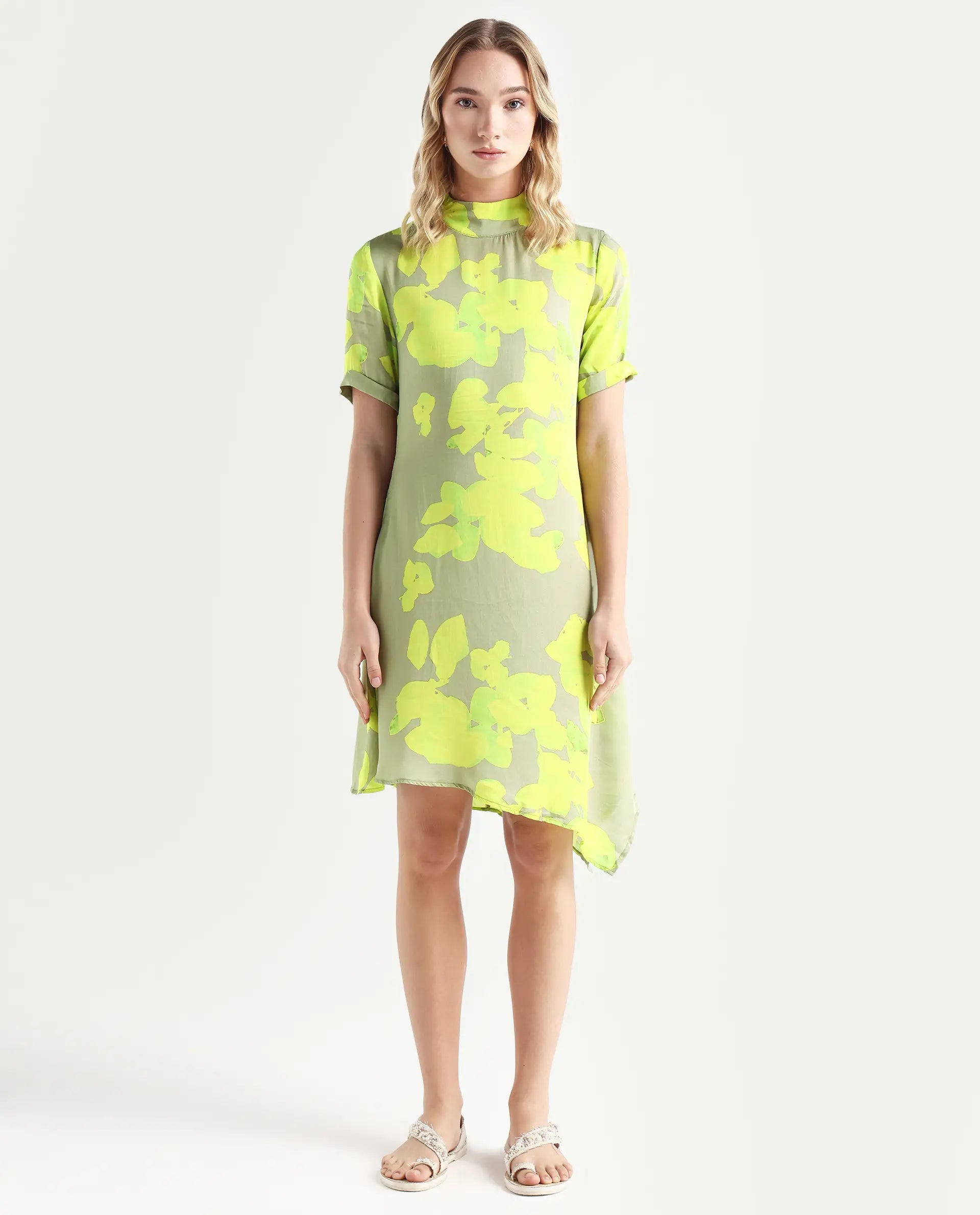 Rareism Women's Sprite Yellow Modal High Neck Abstract Print Knee Length Regular Fit Dress