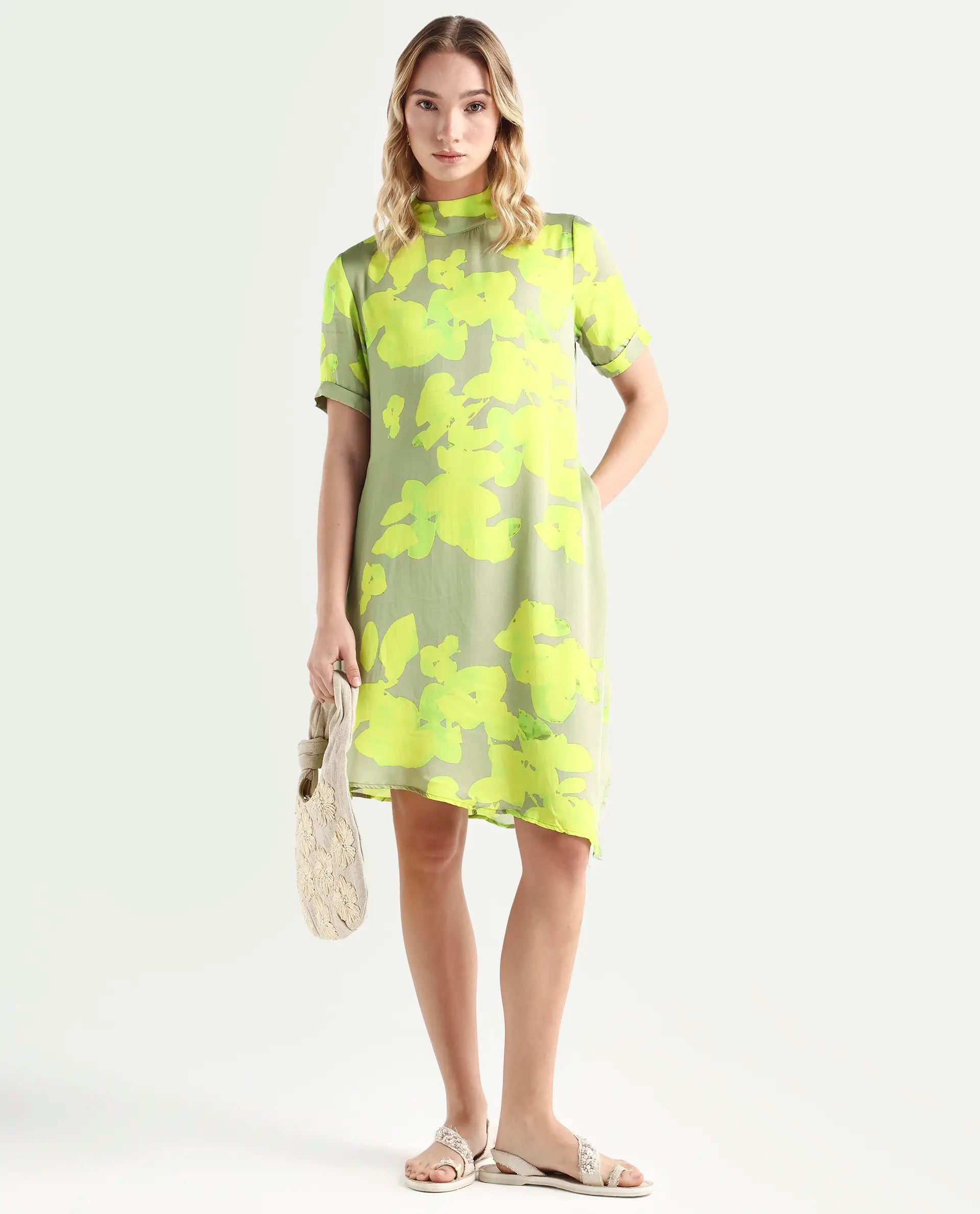 Rareism Women's Sprite Yellow Modal High Neck Abstract Print Knee Length Regular Fit Dress