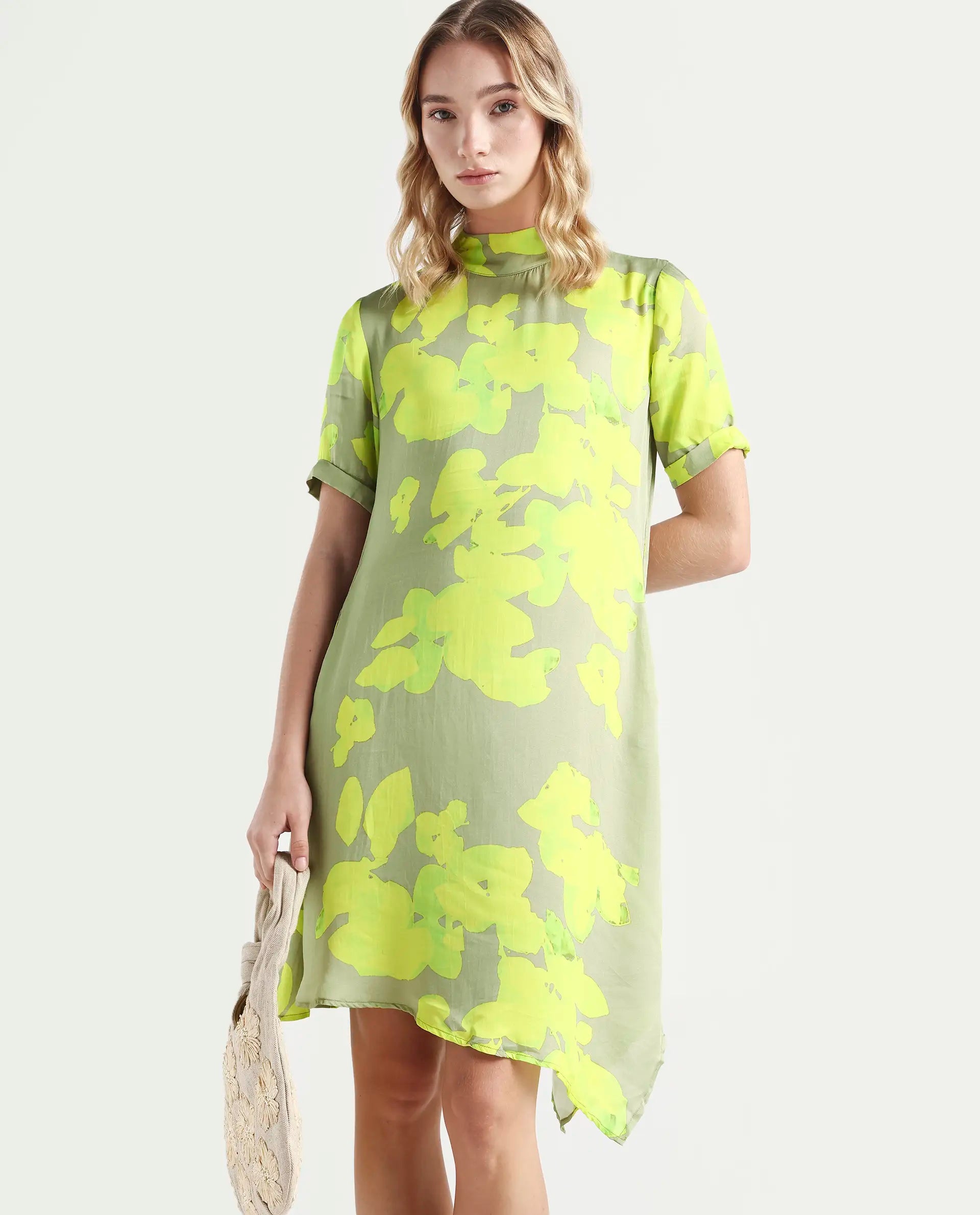 Rareism Women's Sprite Yellow Modal High Neck Abstract Print Knee Length Regular Fit Dress