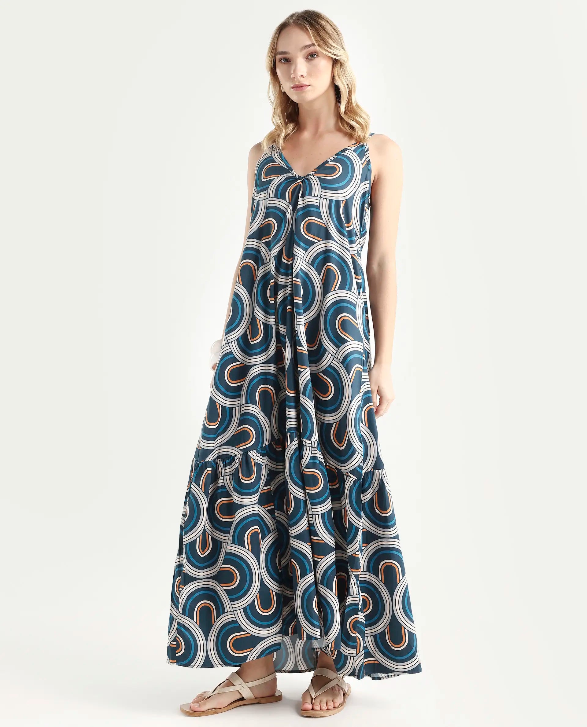 Rareism Women's Botany Blue Cotton V-Neck Abstract Print Shoulder Strap Maxi Relaxed Fit Dress