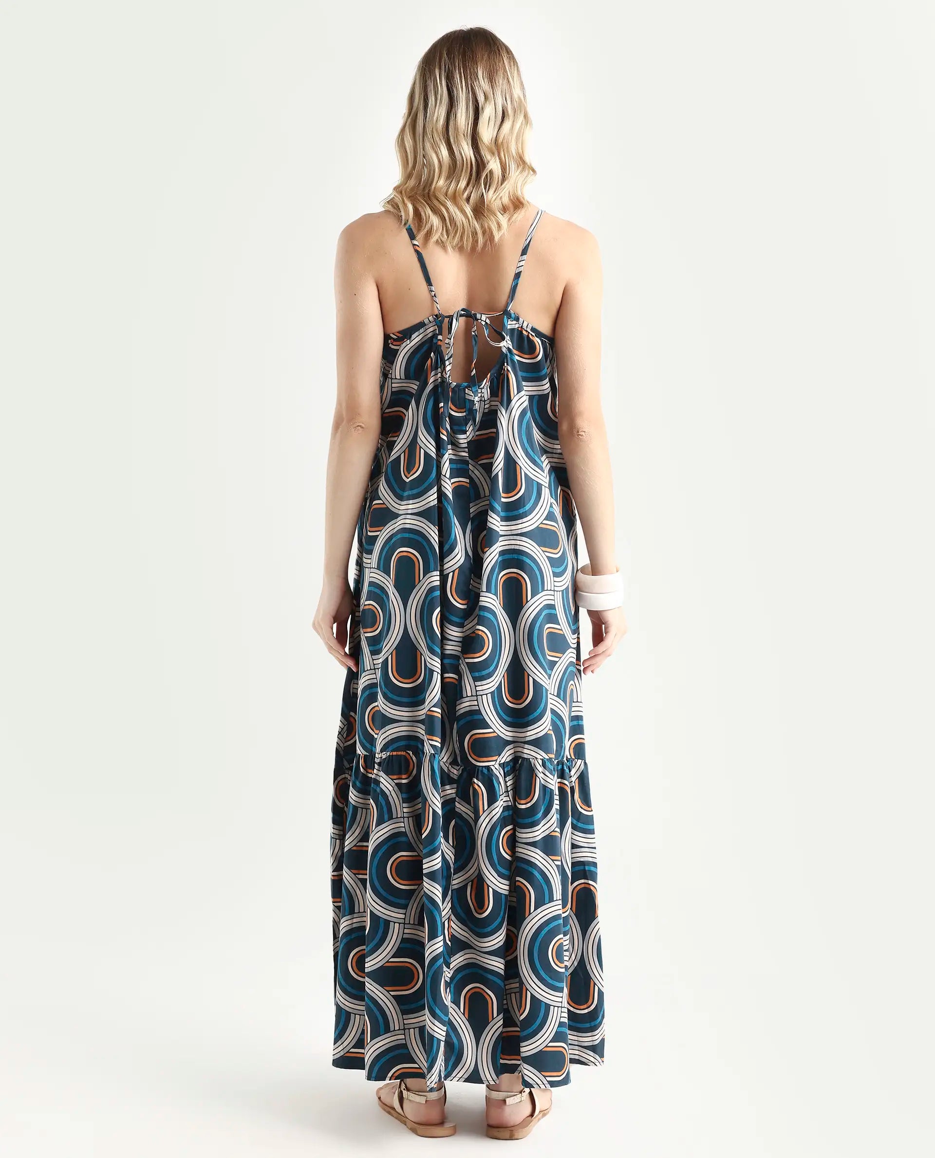 Rareism Women's Botany Blue Cotton V-Neck Abstract Print Shoulder Strap Maxi Relaxed Fit Dress