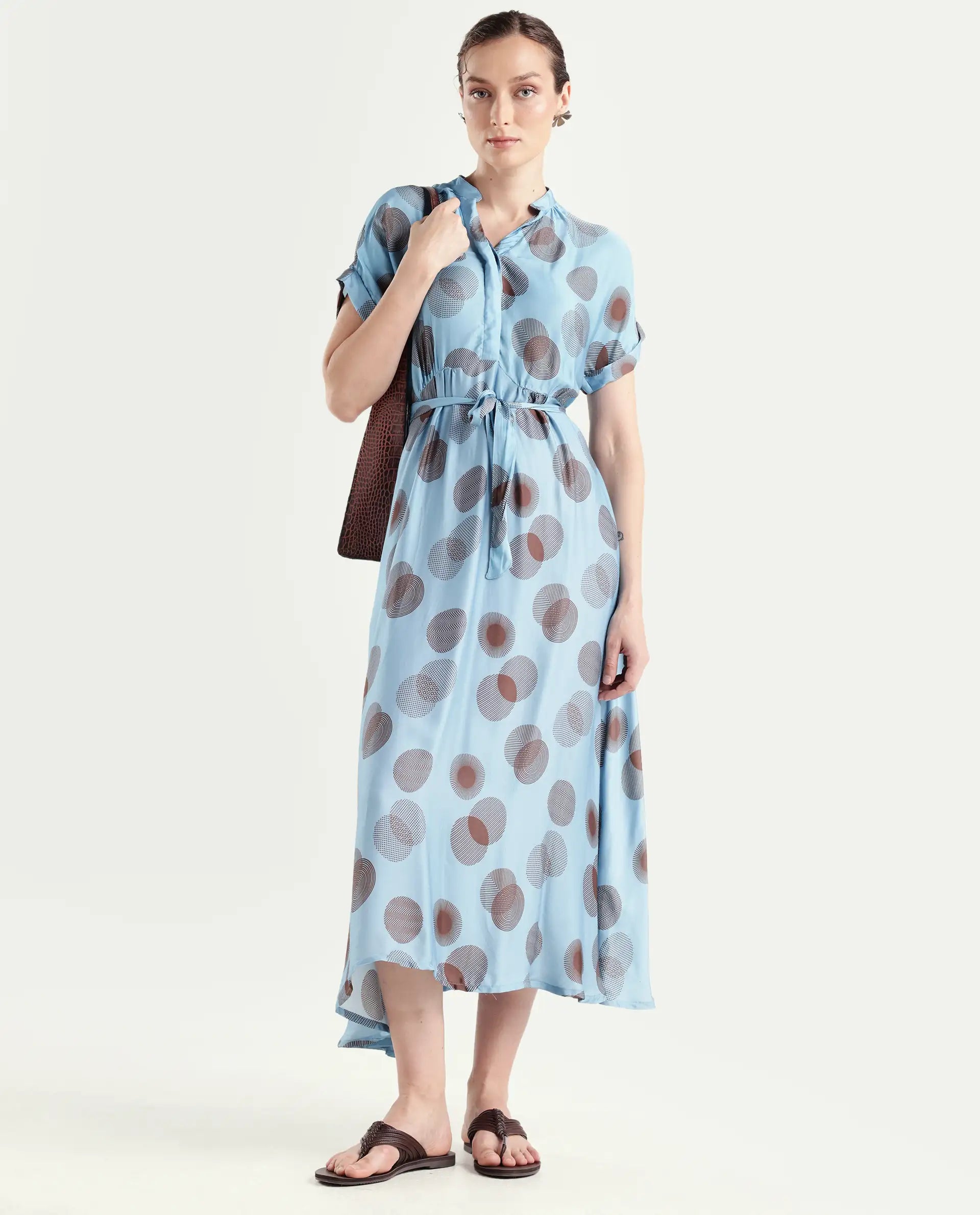 Rareism Womens Hen Blue Dress Cotton Silk Fabric Relaxed Fit Drop Shoulder Half Sleeve A Line Dress Long Length