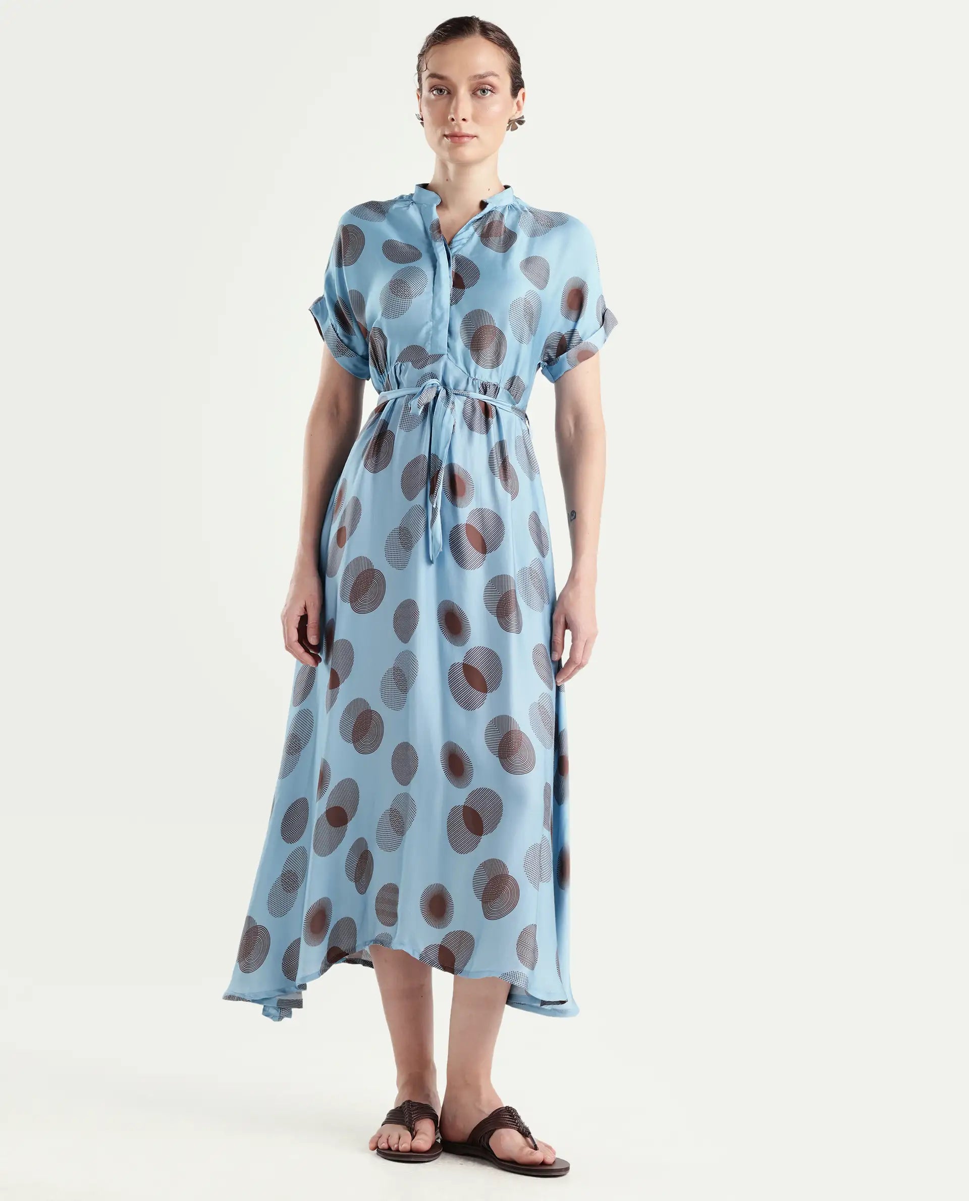 Rareism Womens Hen Blue Dress Cotton Silk Fabric Relaxed Fit Drop Shoulder Half Sleeve A Line Dress Long Length