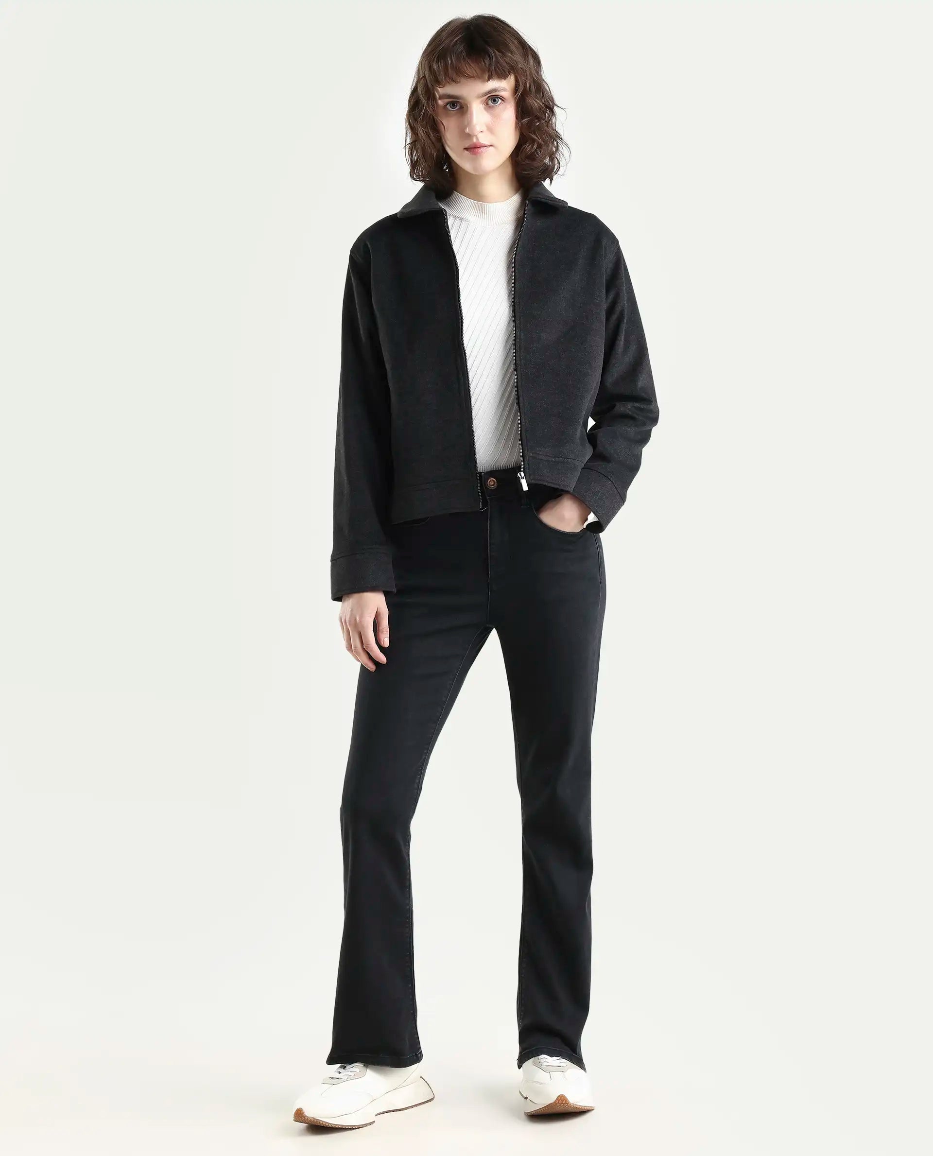 Rareism Women's Booter Black Cotton Blend Plain Ankle Length Slim Fit Jeans