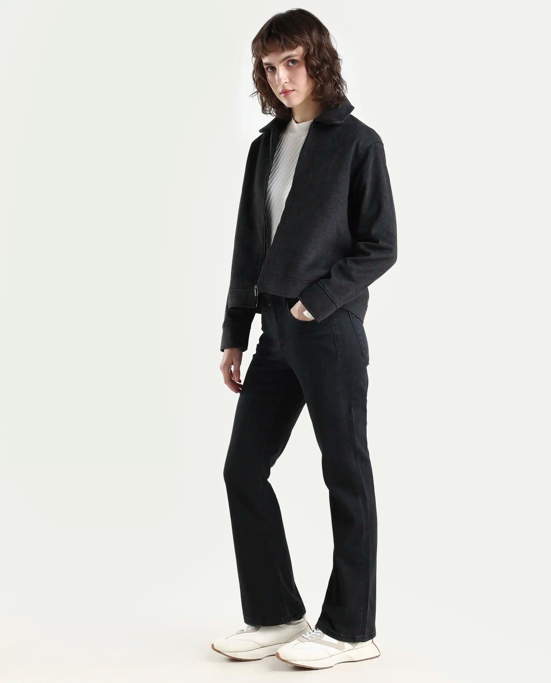 Rareism Women's Booter Black Cotton Blend Plain Ankle Length Slim Fit Jeans