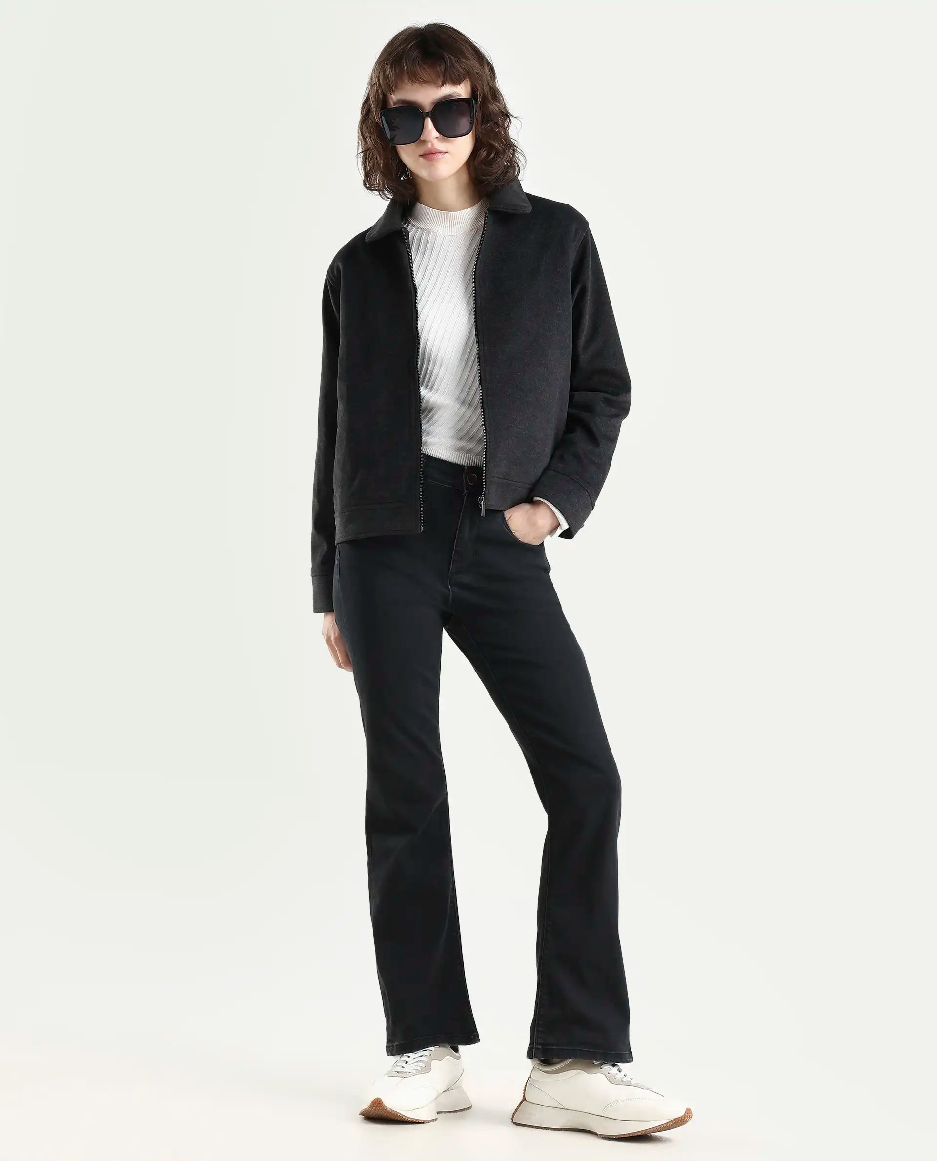 Rareism Women's Booter Black Cotton Blend Plain Ankle Length CLASSIC BOOTCUT Jeans