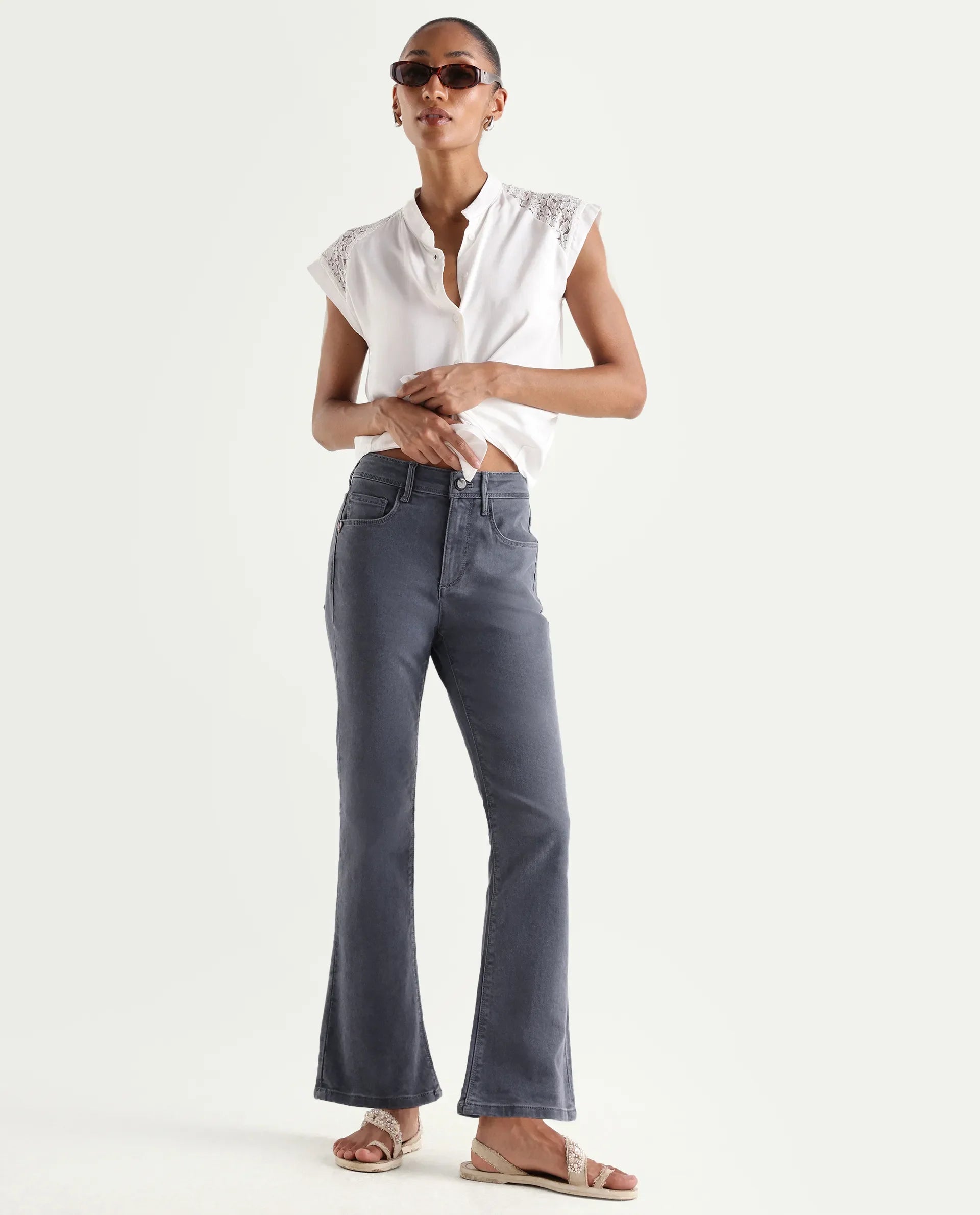 Rareism Women's Booter Grey Cotton Blend Plain Ankle Length CLASSIC BOOTCUT Jeans