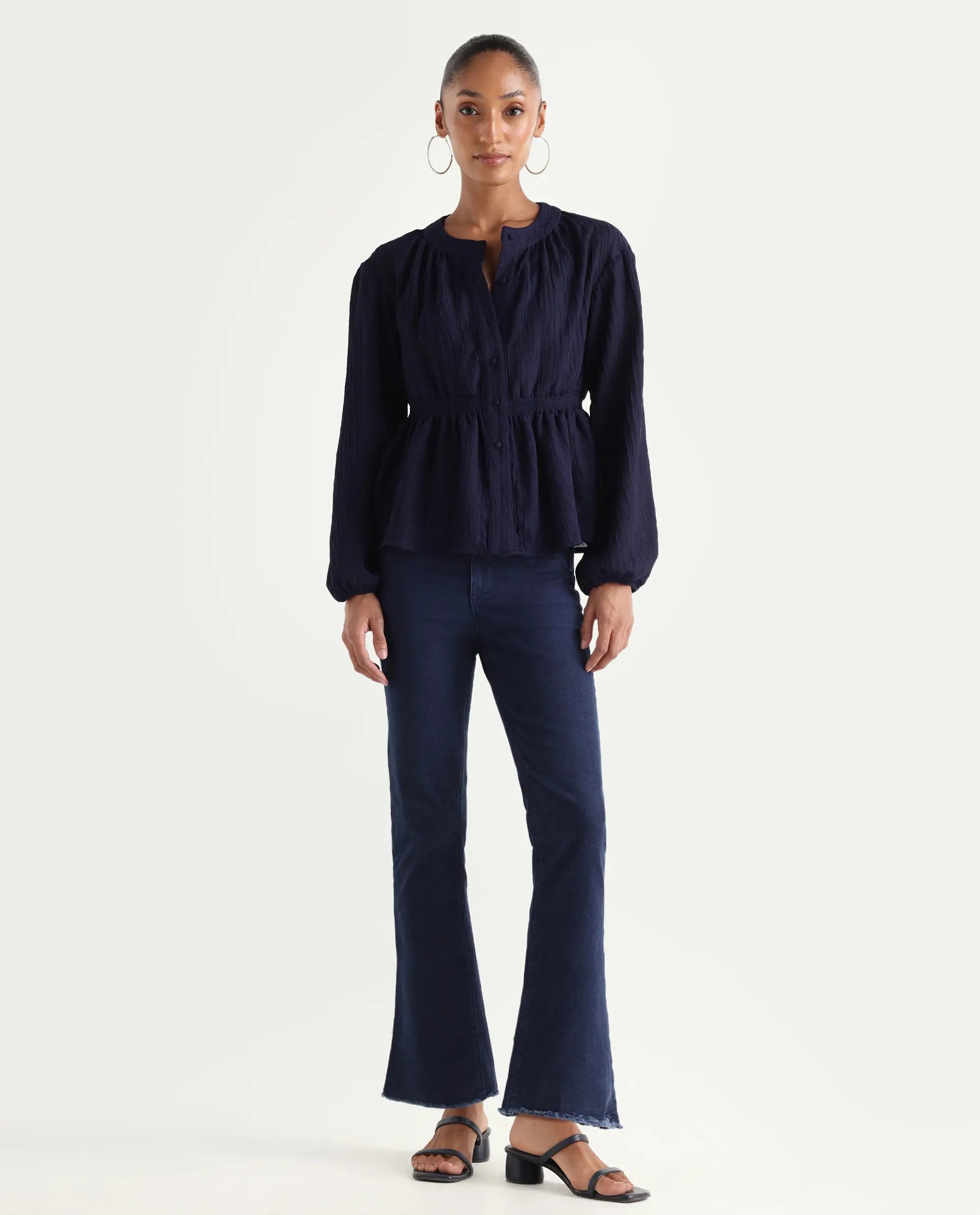 Rareism Women's Hugo Blue Cotton Plain Ankle Length Relaxed Fit Jeans
