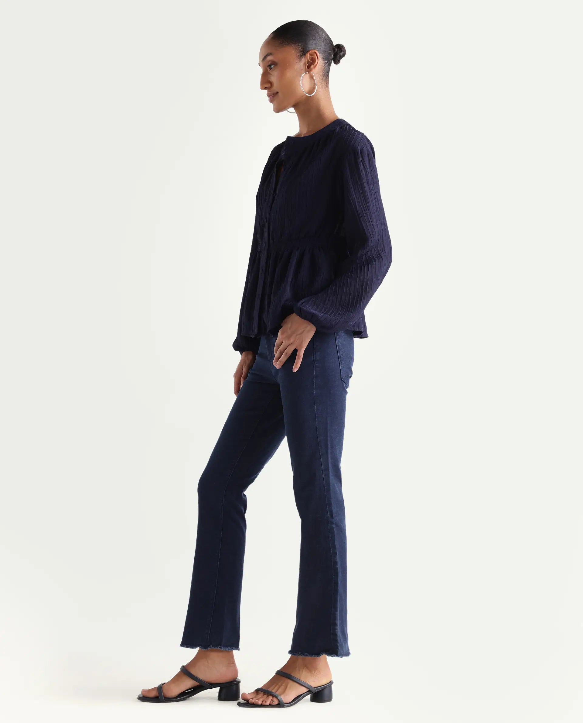 Rareism Women's Hugo Blue Cotton Plain Ankle Length Relaxed Fit Jeans