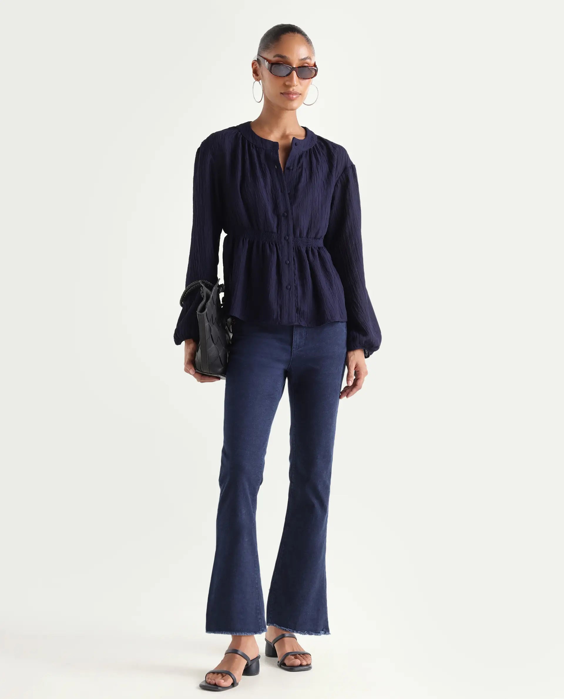 Rareism Women's Hugo Blue Cotton Plain Ankle Length Relaxed Fit Jeans