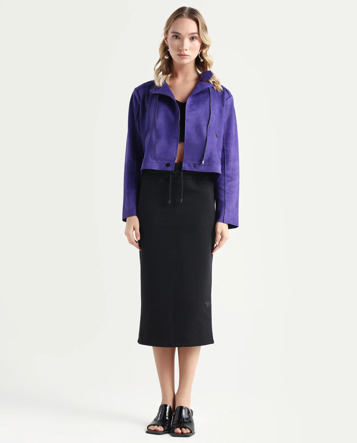 Rareism Women's Fudge Black Polyester Blend Plain Midi Tailored Skirt