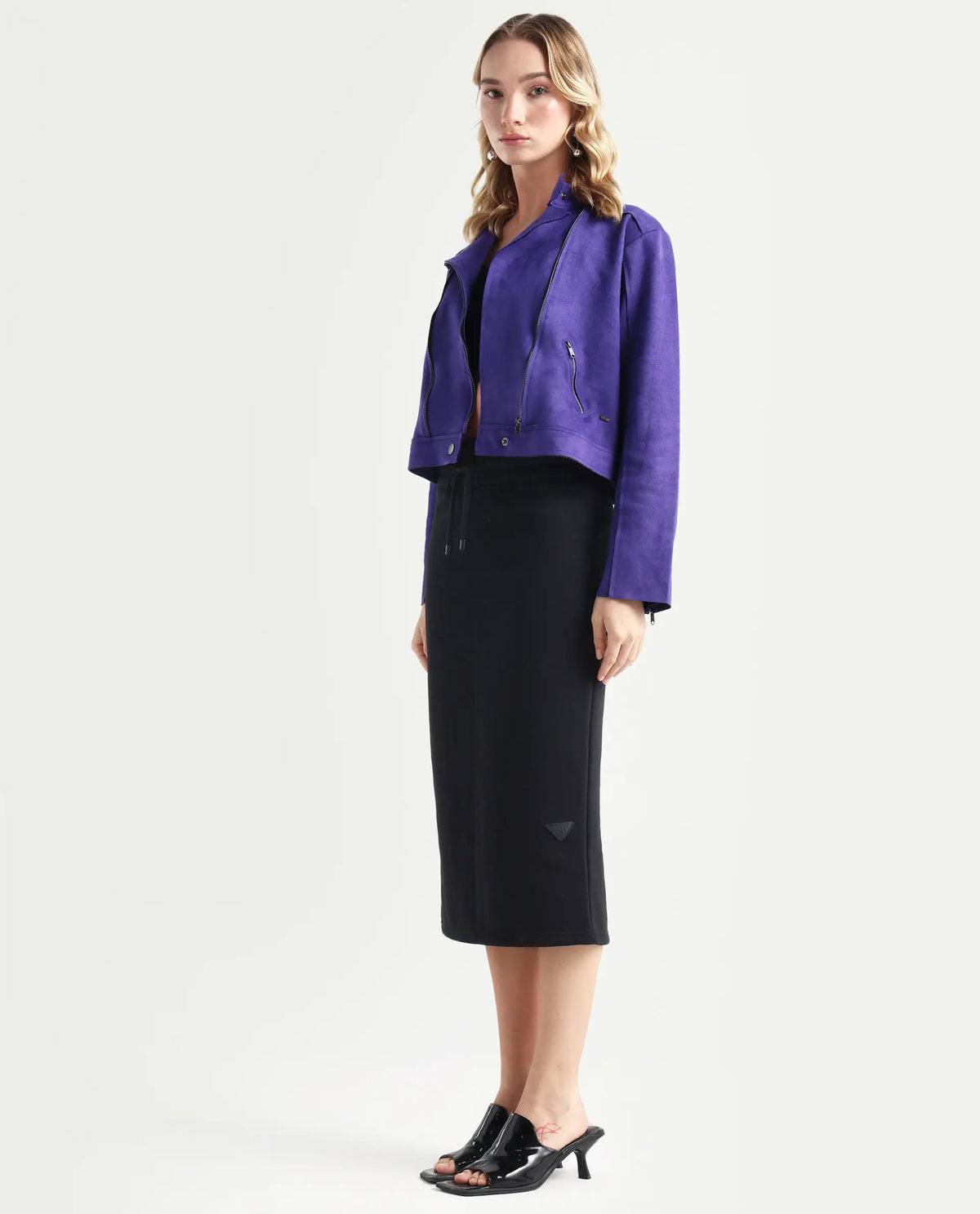Rareism Women's Fudge Black Polyester Blend Plain Midi Tailored Skirt