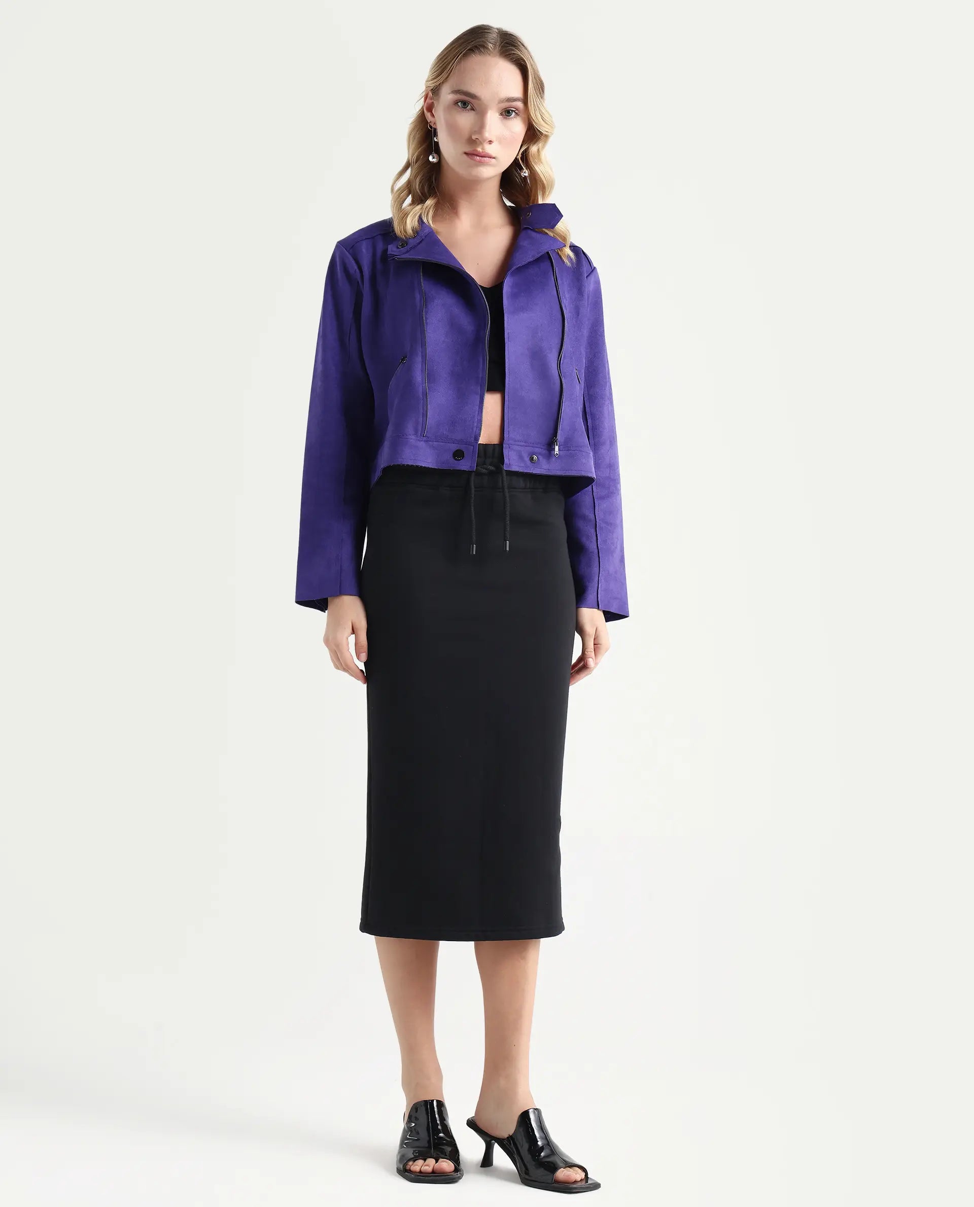 Rareism Women's Fudge Black Polyester Blend Plain Midi Tailored Skirt