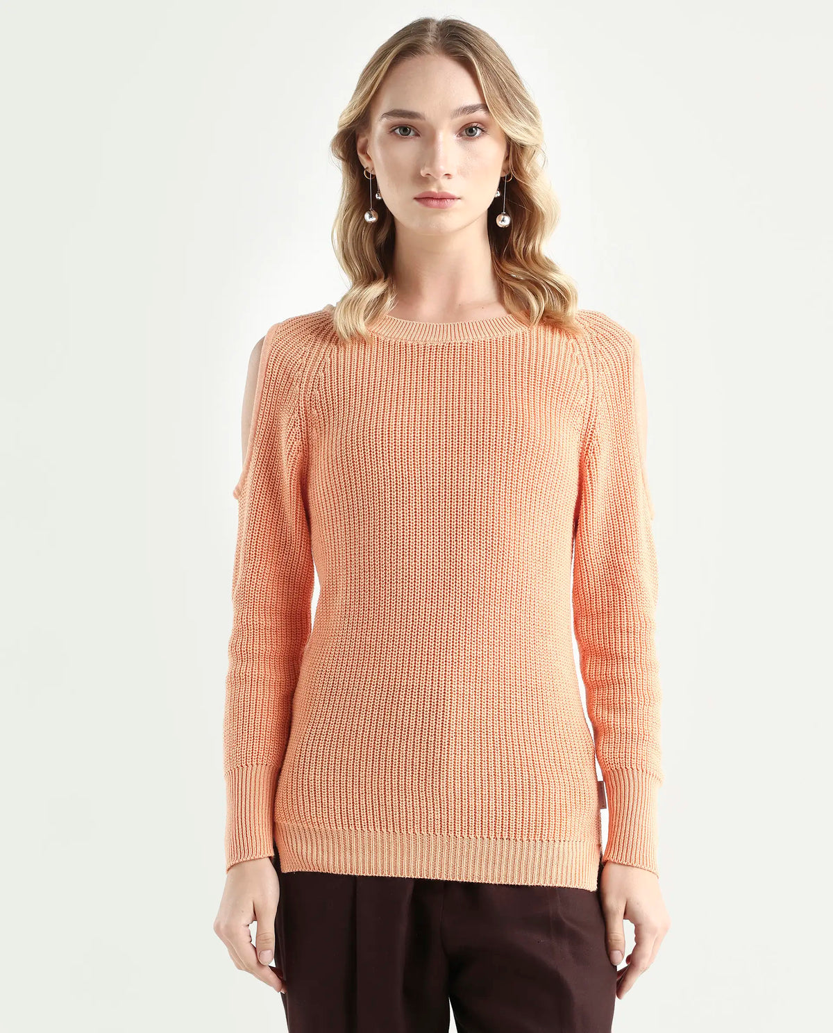 Rareism Women's Cold Orange Cotton Boat Neck Plain Slim Fit Sweater